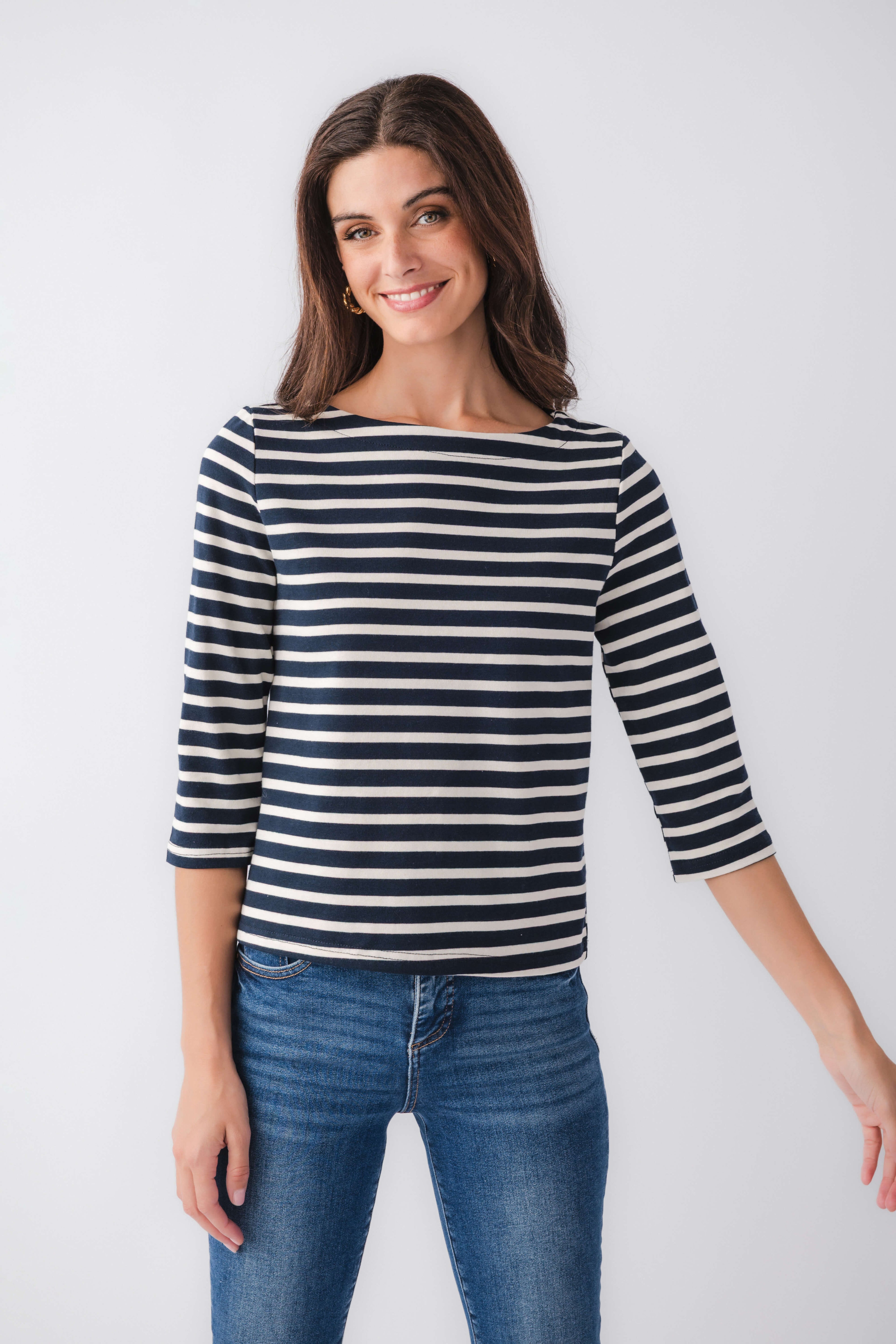 Navy and white striped boatneck top with three-quarter sleeves