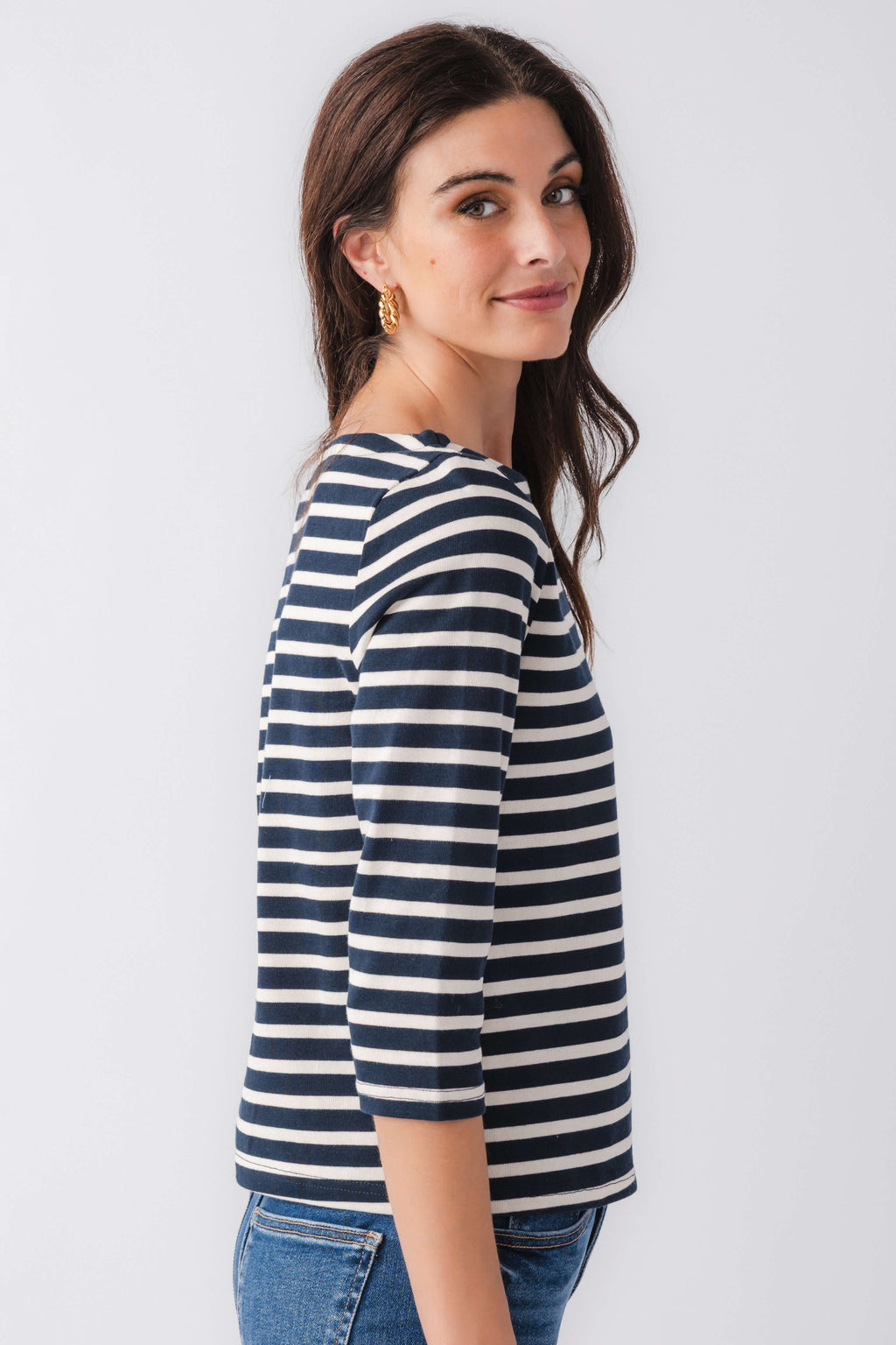 Navy and white striped boatneck top, side view, three-quarter sleeves