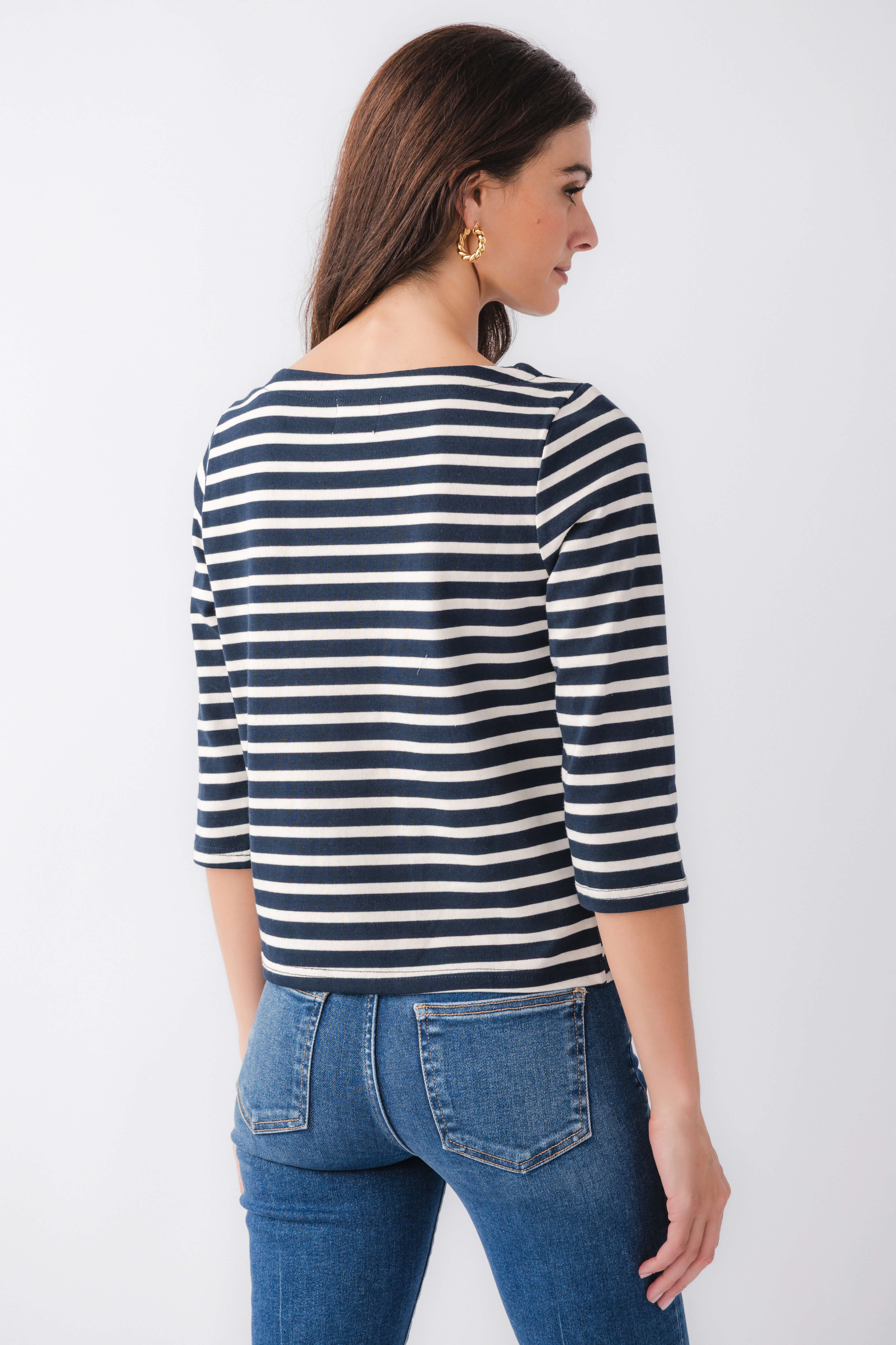 Navy and white striped boatneck top, back view, three-quarter sleeves