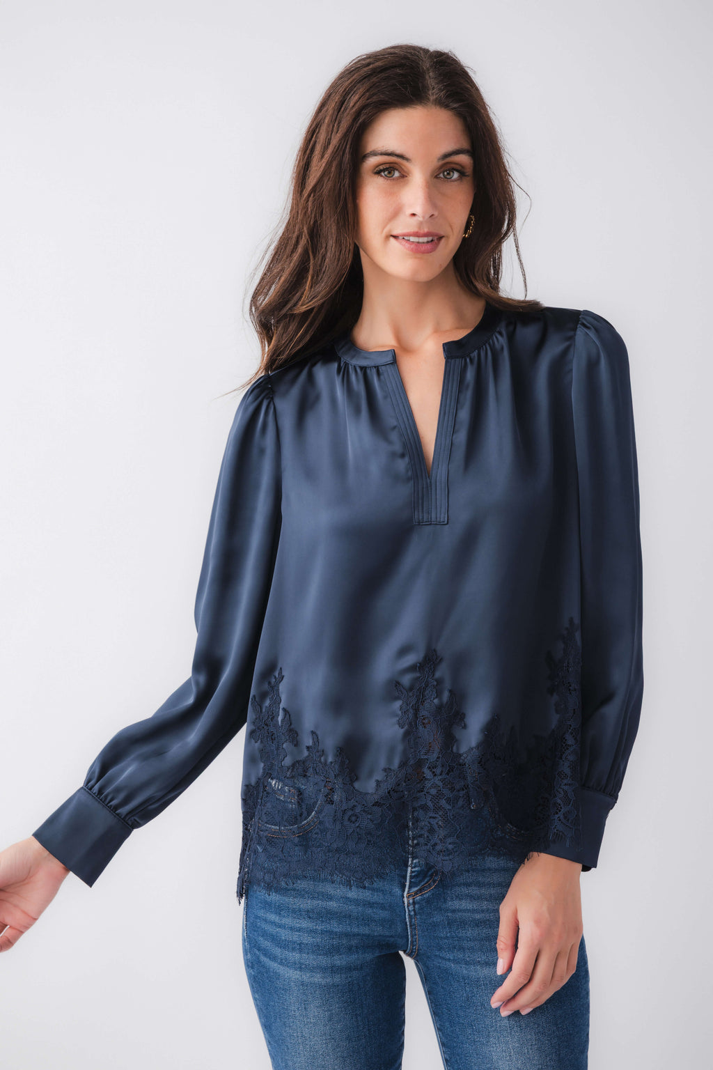 Navy lace-trim splitneck satin top with long sleeves and pintuck neckline