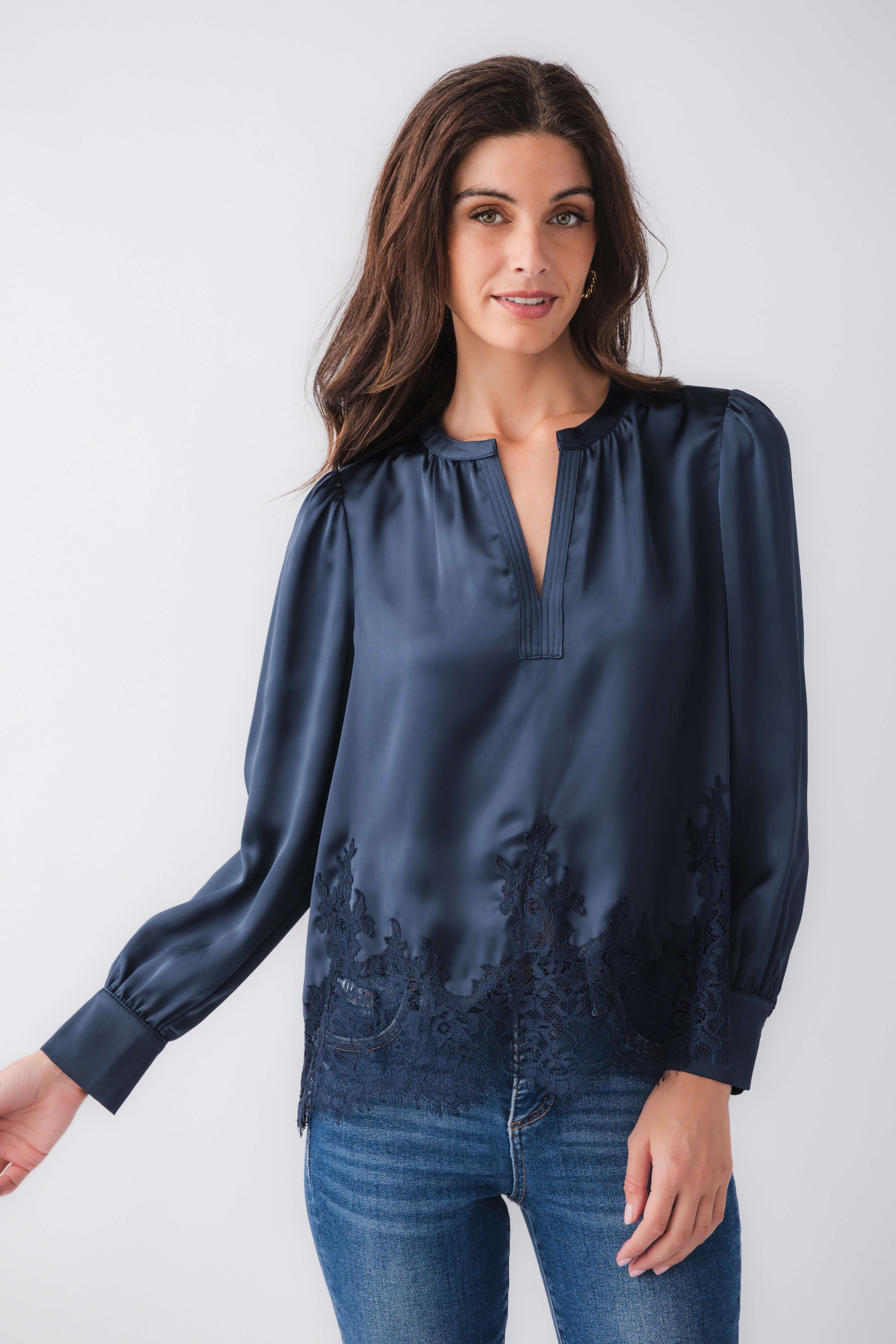 Navy lace-trim splitneck satin top with long sleeves and pintuck neckline