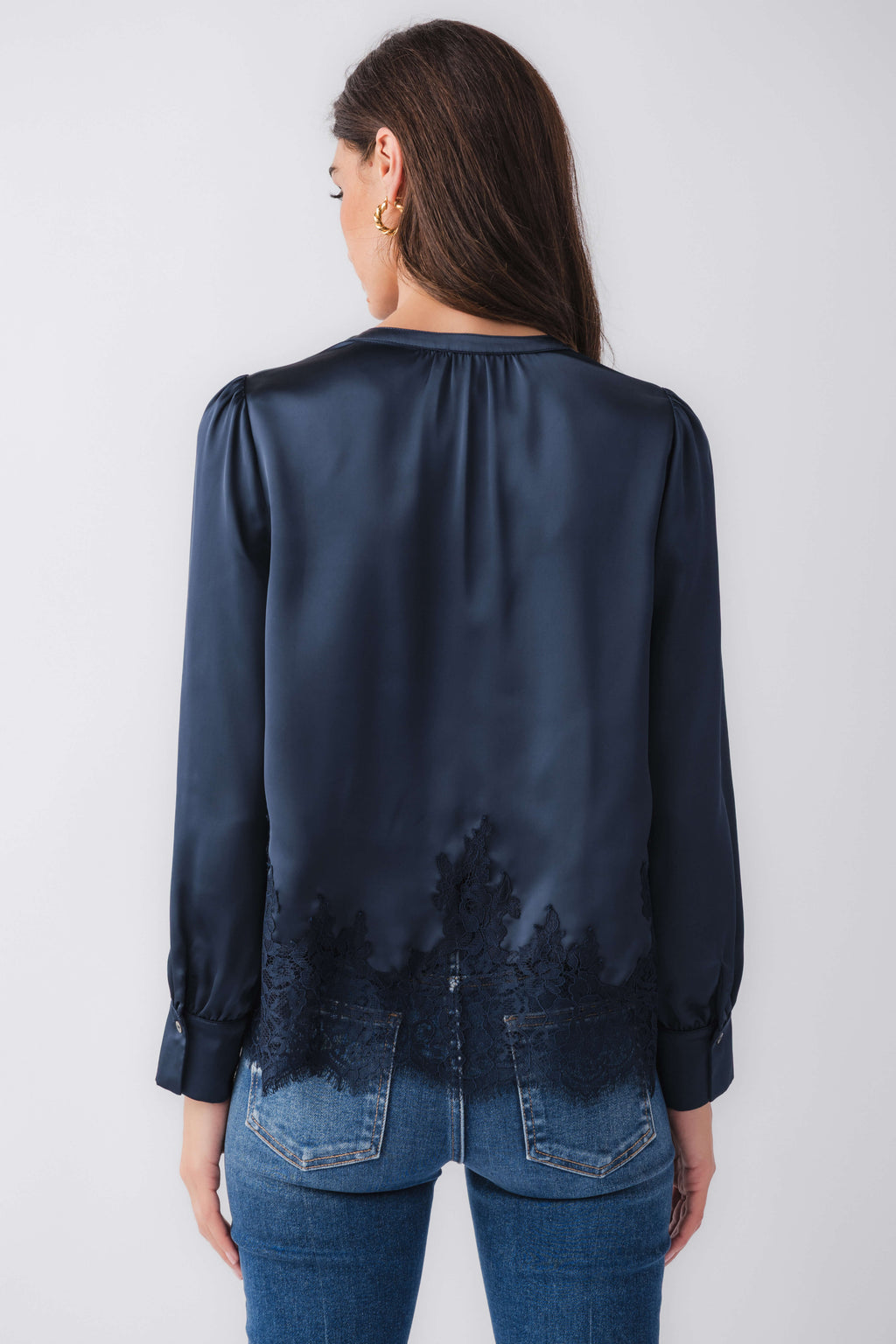 Navy satin top back with lace panel near hem and 3/4 length sleeves
