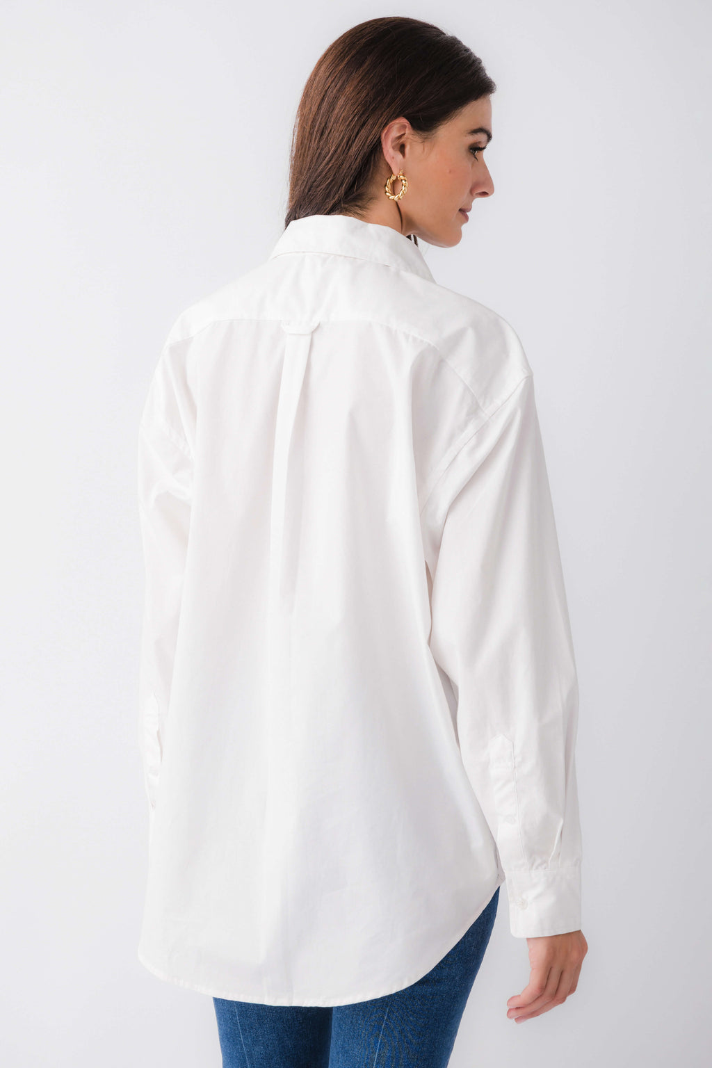 White poplin button-down top, back view, long sleeves and yoke seams