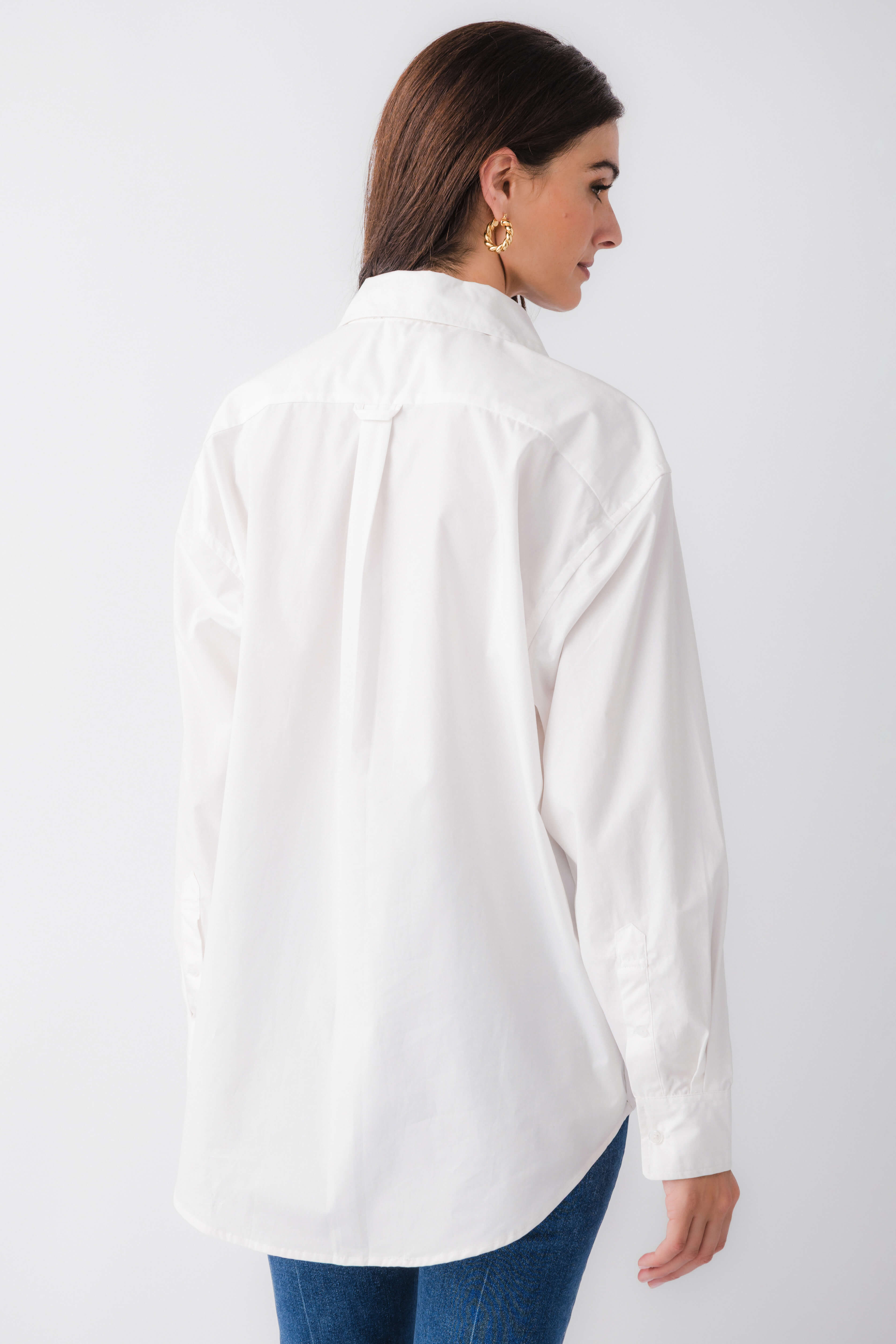 White poplin button-down top, back view, long sleeves and yoke seams