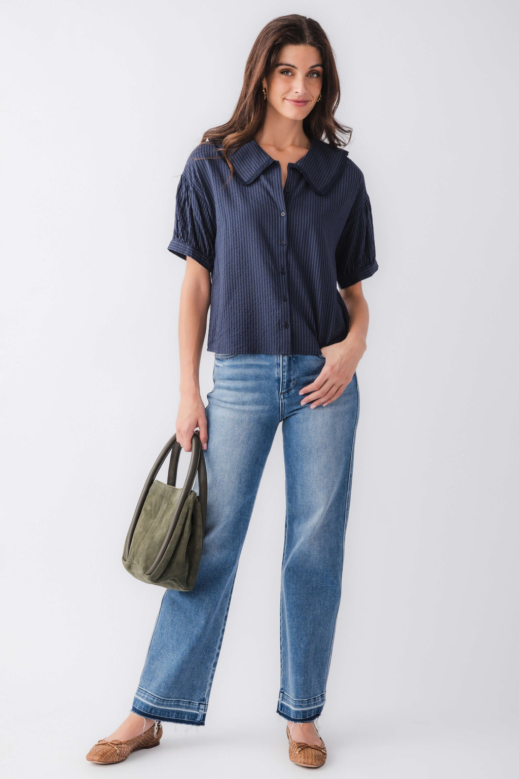 Midnight blue striped short-sleeve top with peter pan collar and button front