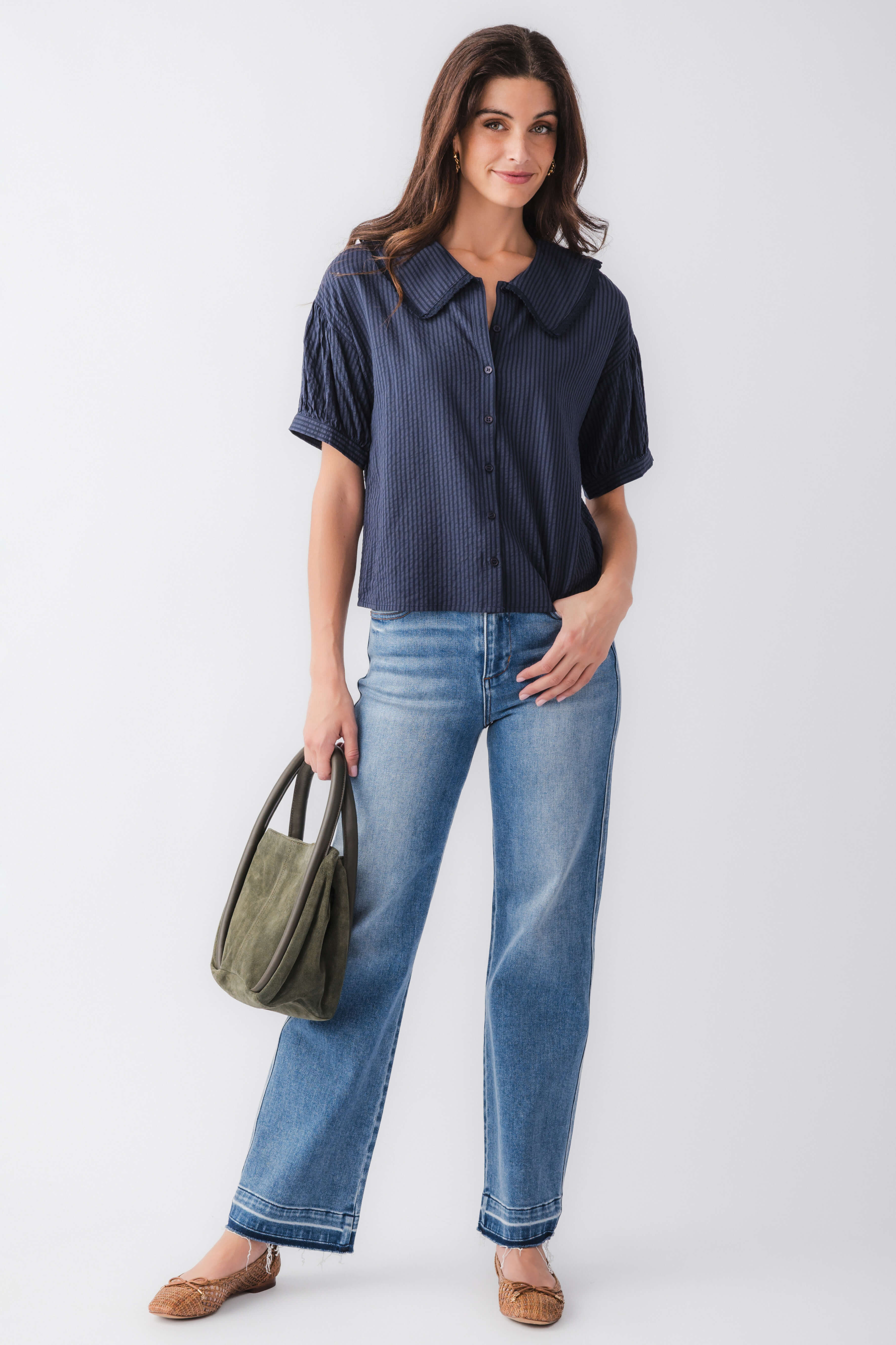 Midnight blue striped short-sleeve top with peter pan collar and button front