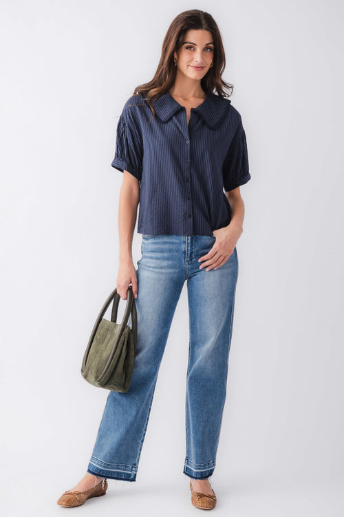 Midnight blue striped short-sleeve top with peter pan collar and button front