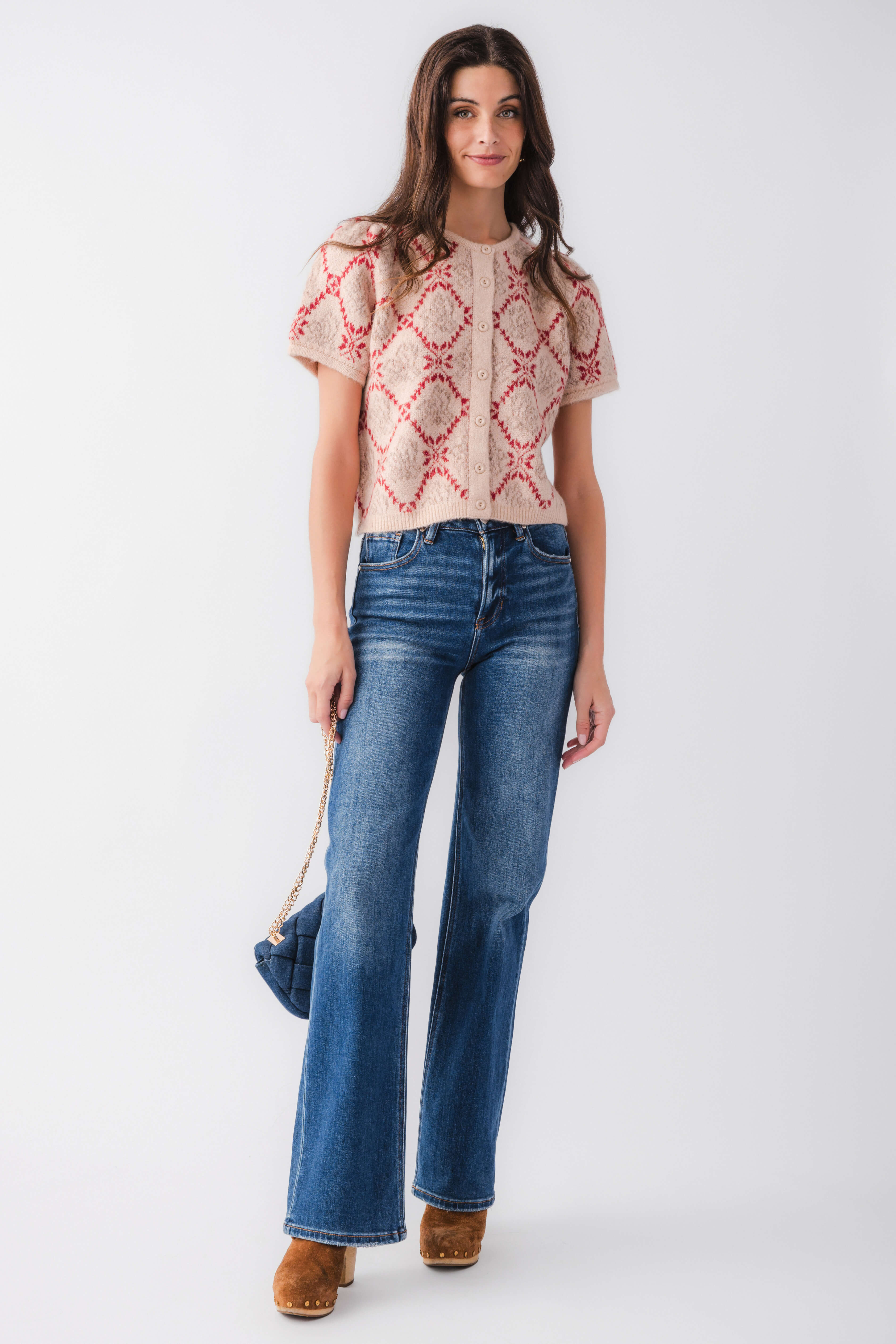 Women’s short-sleeve button-front sweater top in sand knit with red floral diamond print