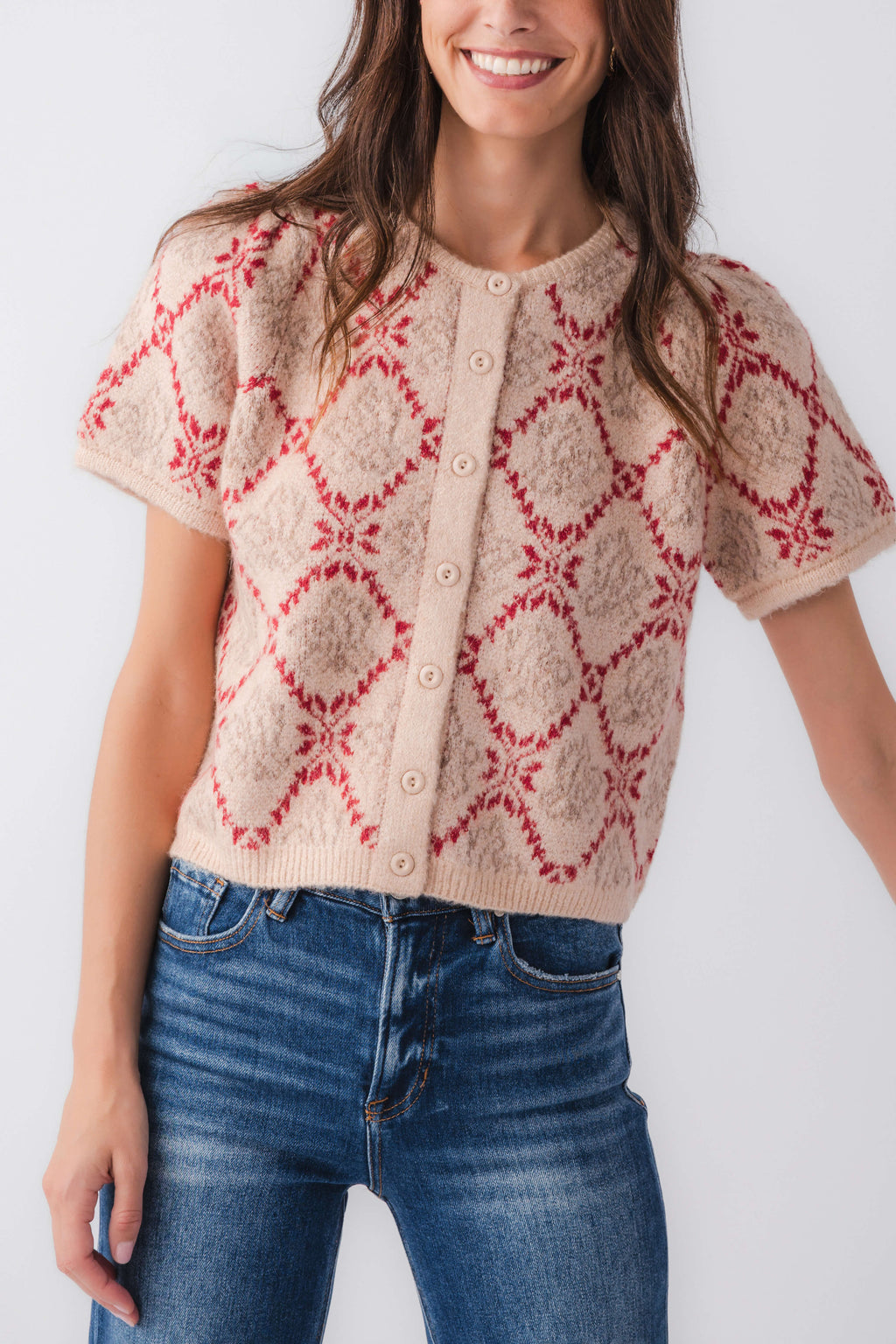 Women’s short-sleeve sweater top with red floral diamond pattern, button front, sand knit