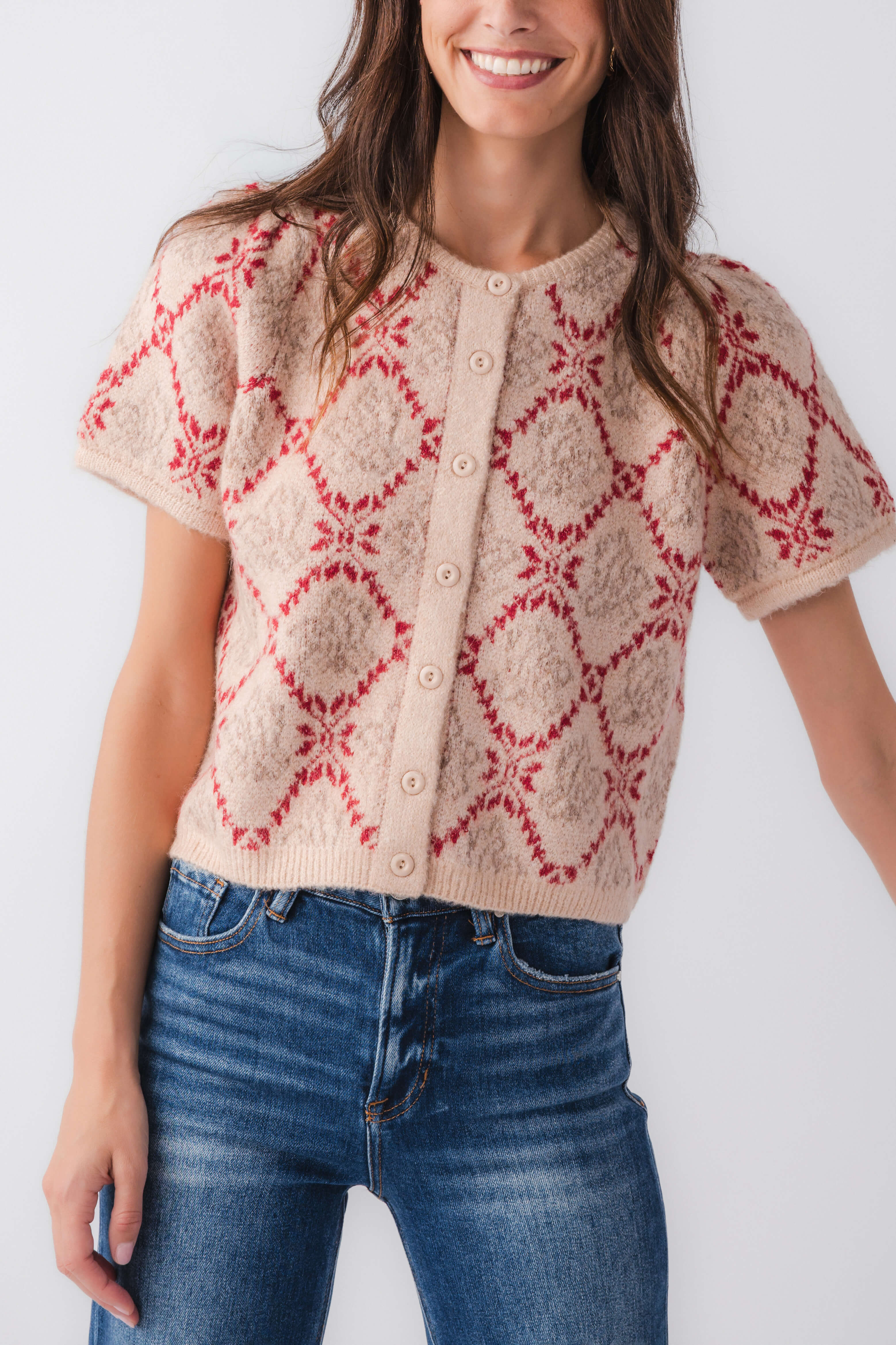 Women’s short-sleeve sweater top with red floral diamond pattern, button front, sand knit