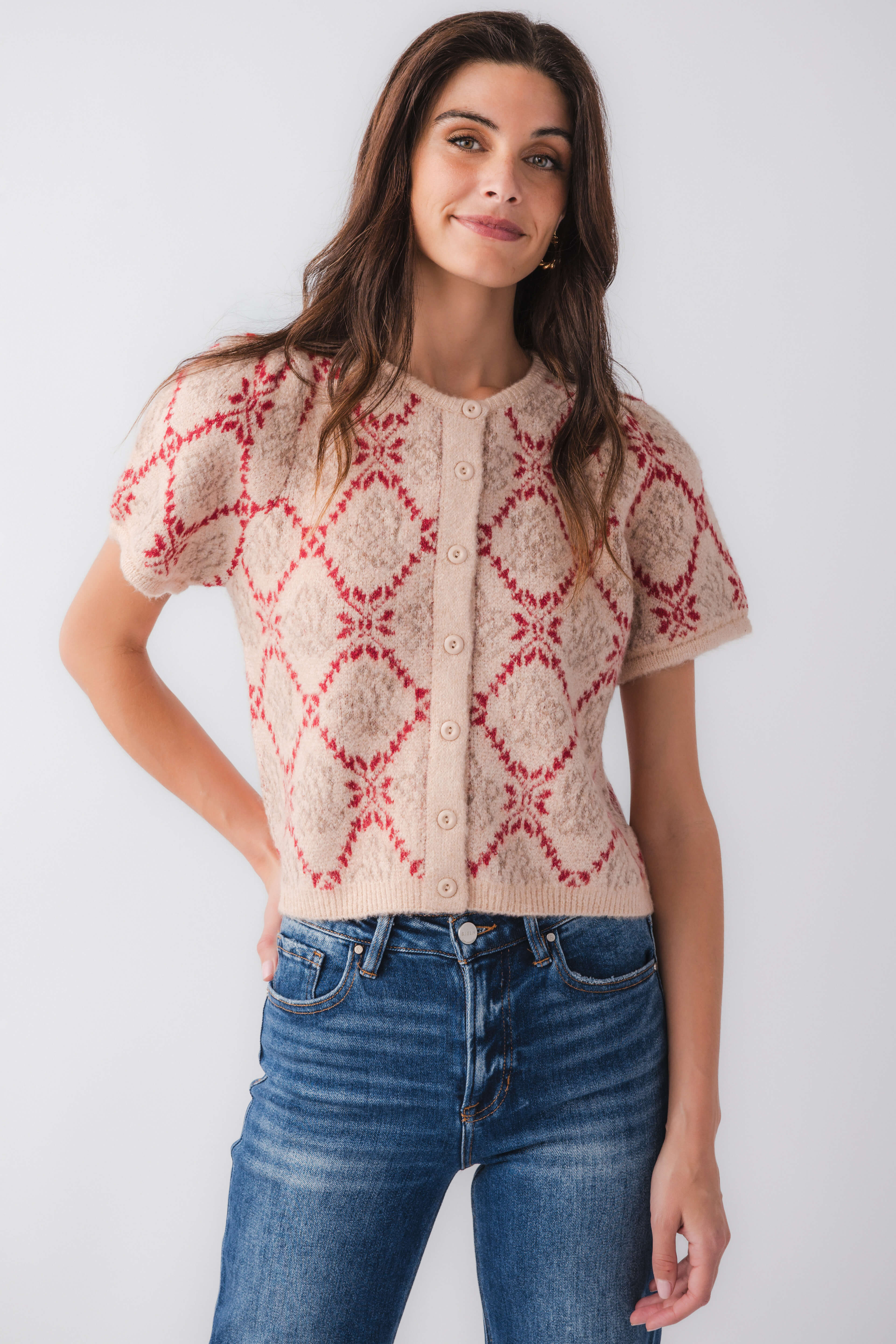 Women’s short-sleeve knit sweater top, sand with red floral medallion print and button placket