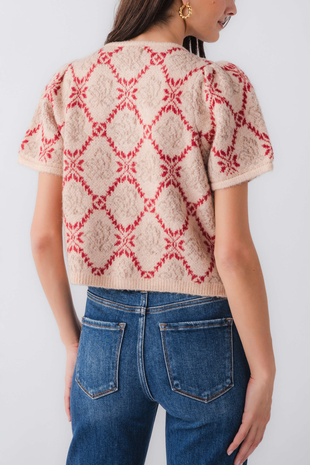 Women’s short-sleeve sweater top, sand with red floral diamond pattern; crew neckline