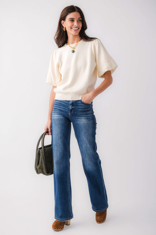 Cream solid knit bubble-sleeve top with loose fit and wide short sleeves