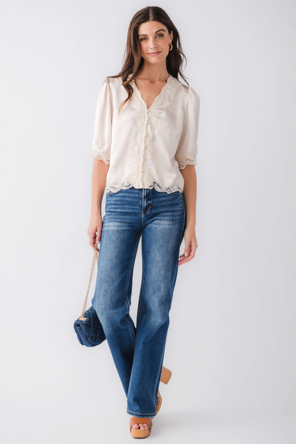 Ecru lace trim button-front blouse top with puff sleeves and scalloped lace hem
