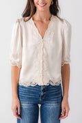 Ecru lace trim button-front blouse with scalloped lace cuffs and yoke detail