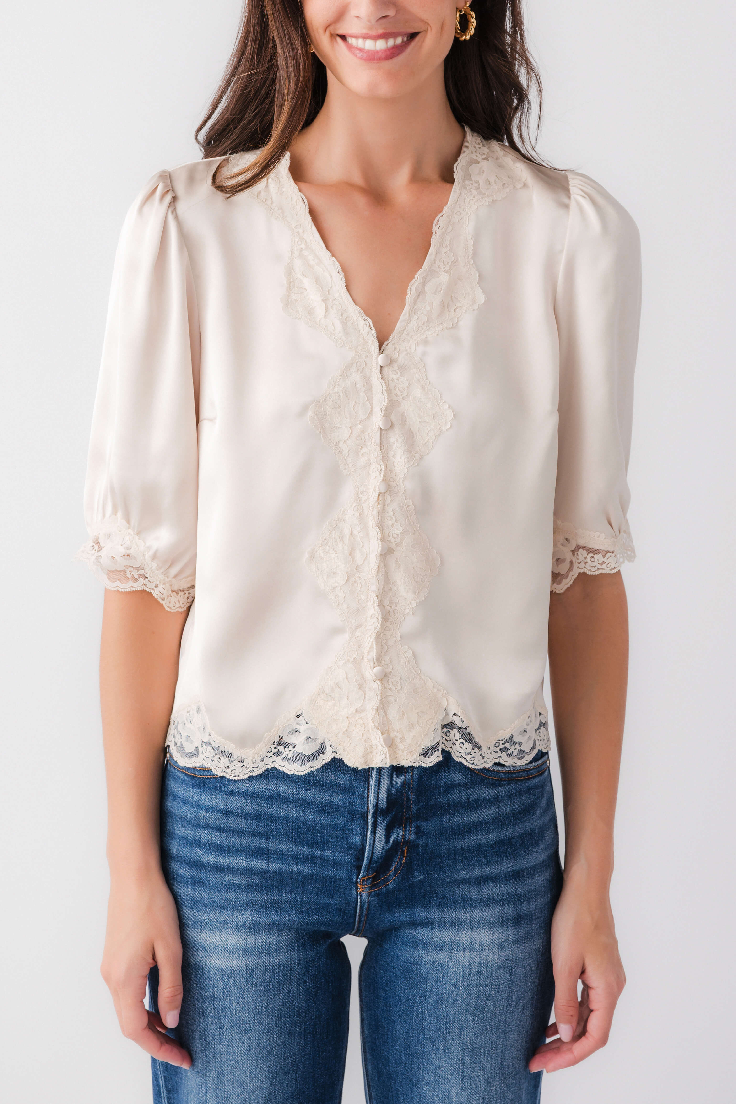 Ecru lace trim button-front blouse with scalloped lace cuffs and yoke detail