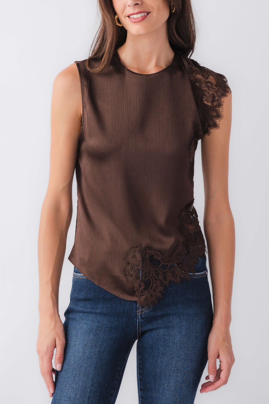 Brown sleeveless top with lace side panels and scalloped hem detail