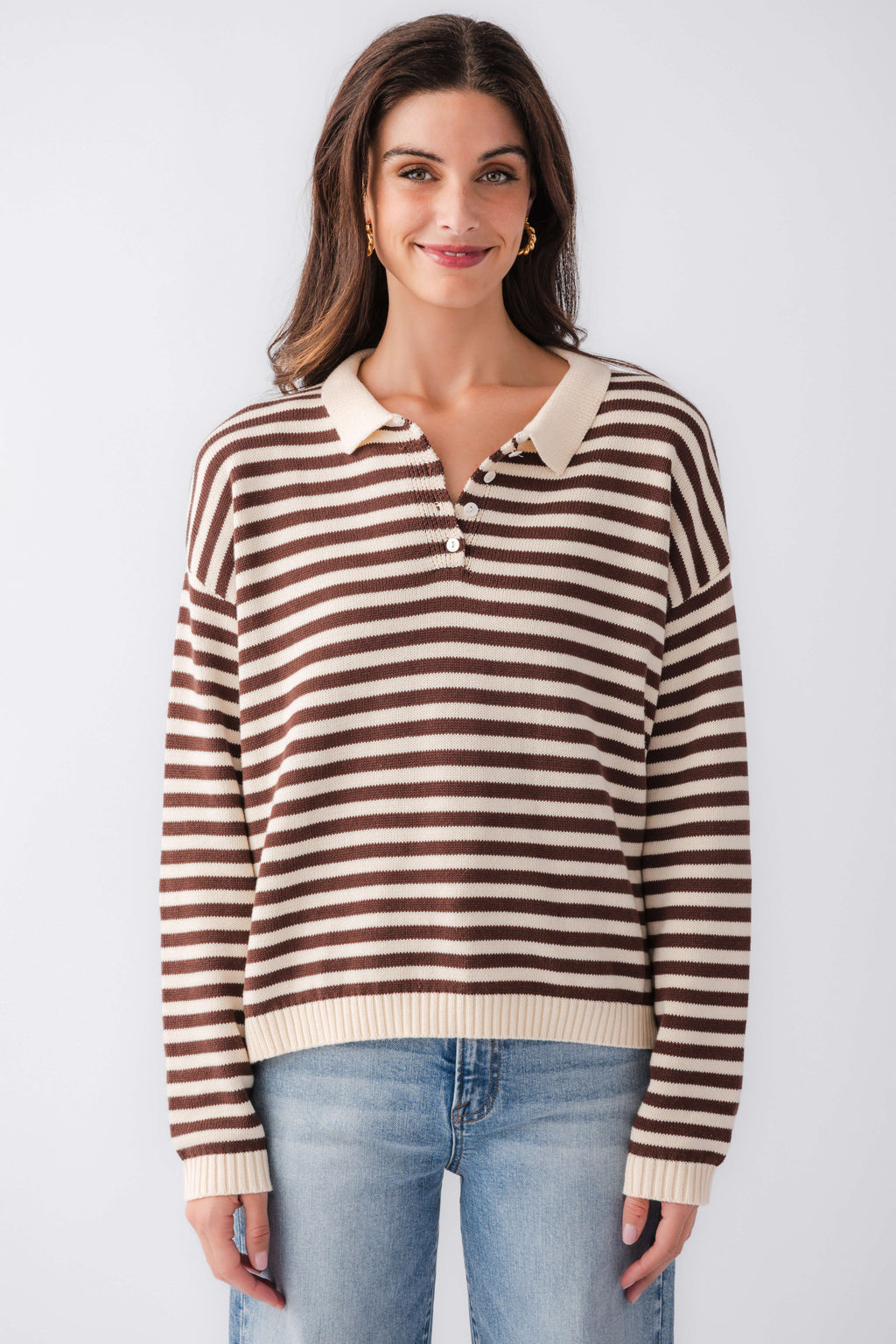 Cream and brown striped collared polo knit sweater, button placket