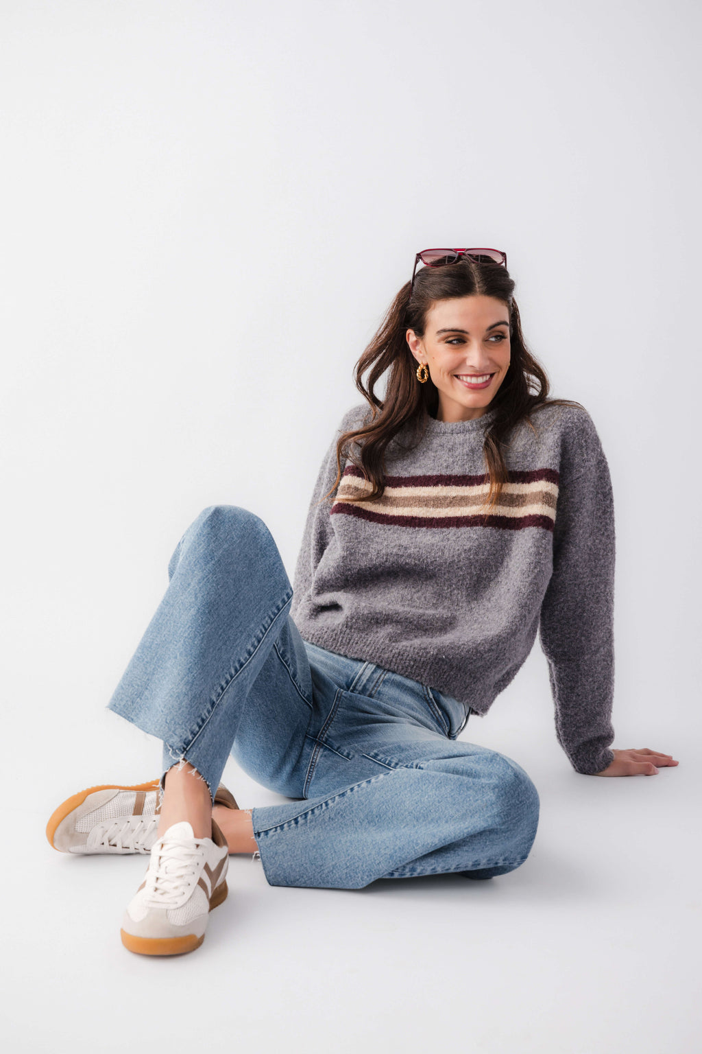 Boucle striped sweater in heather gray with crew neck and multi stripe band