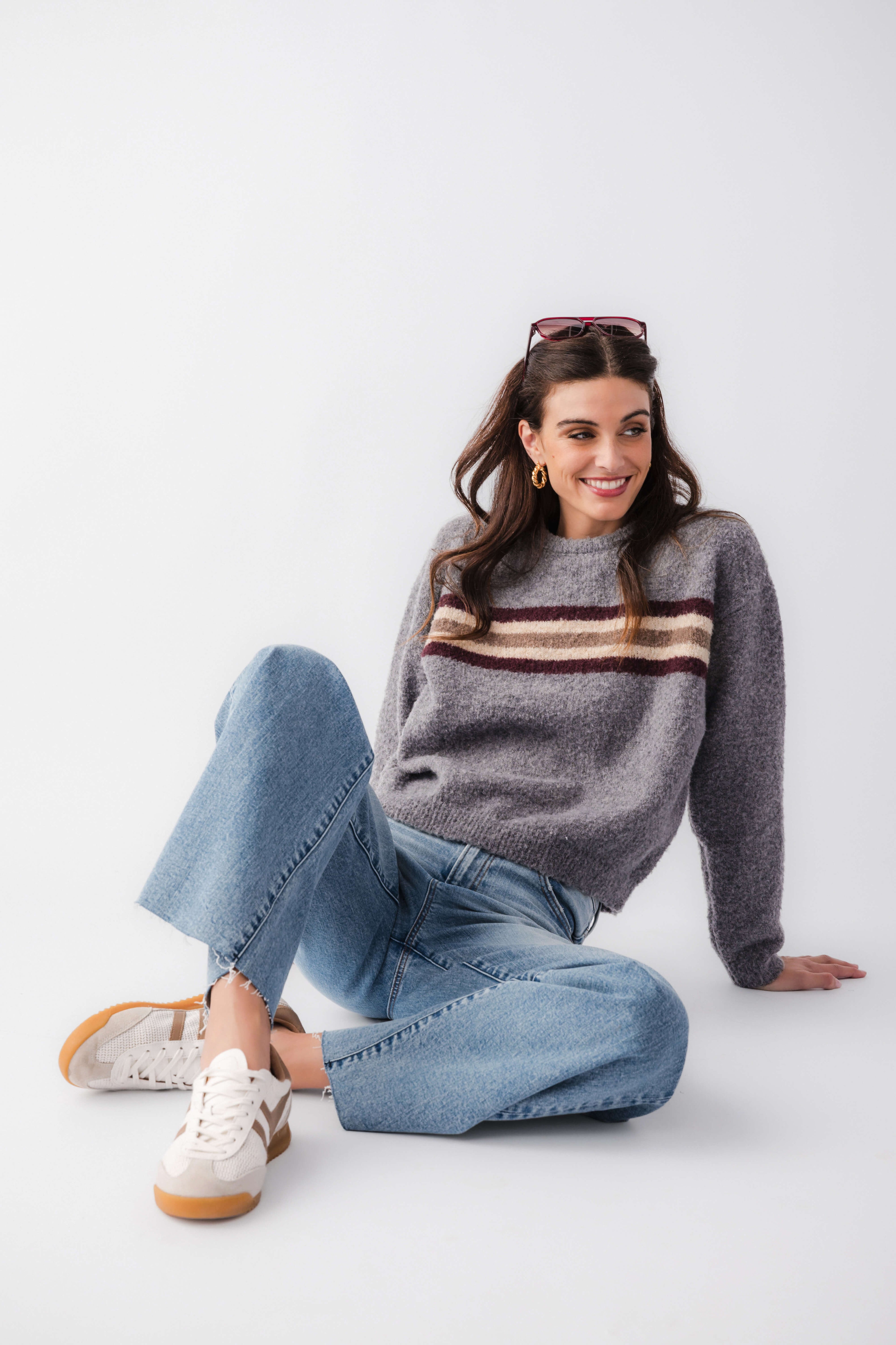 Boucle striped sweater in heather gray with crew neck and multi stripe band
