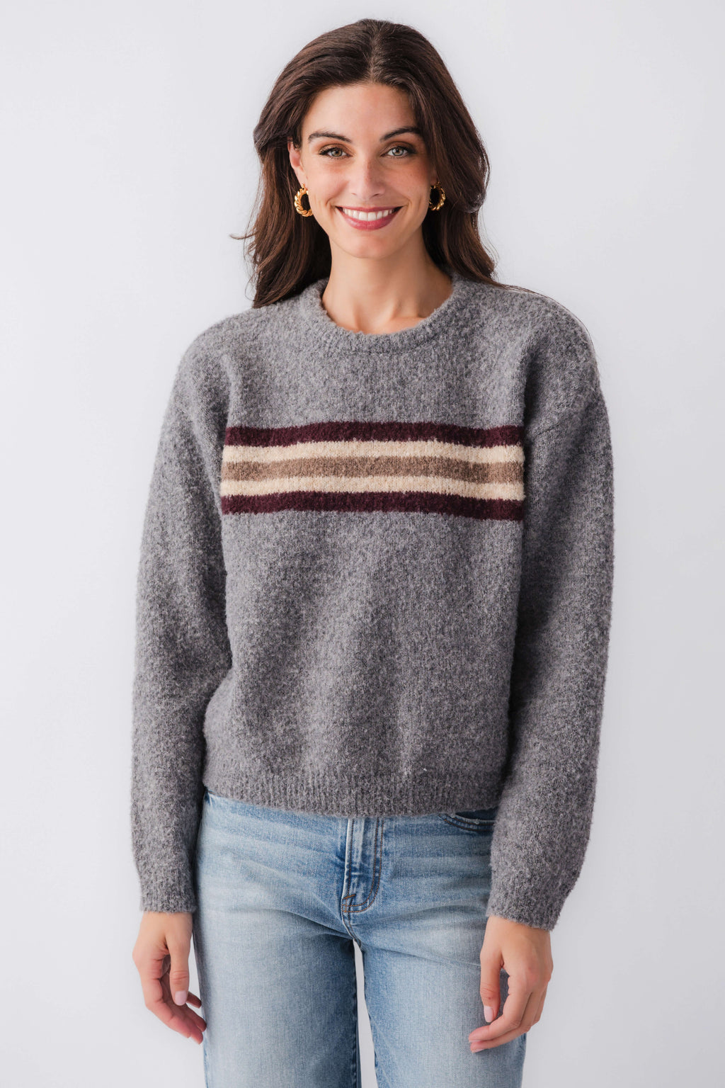 Heather gray boucle knit sweater with multi horizontal stripe across chest