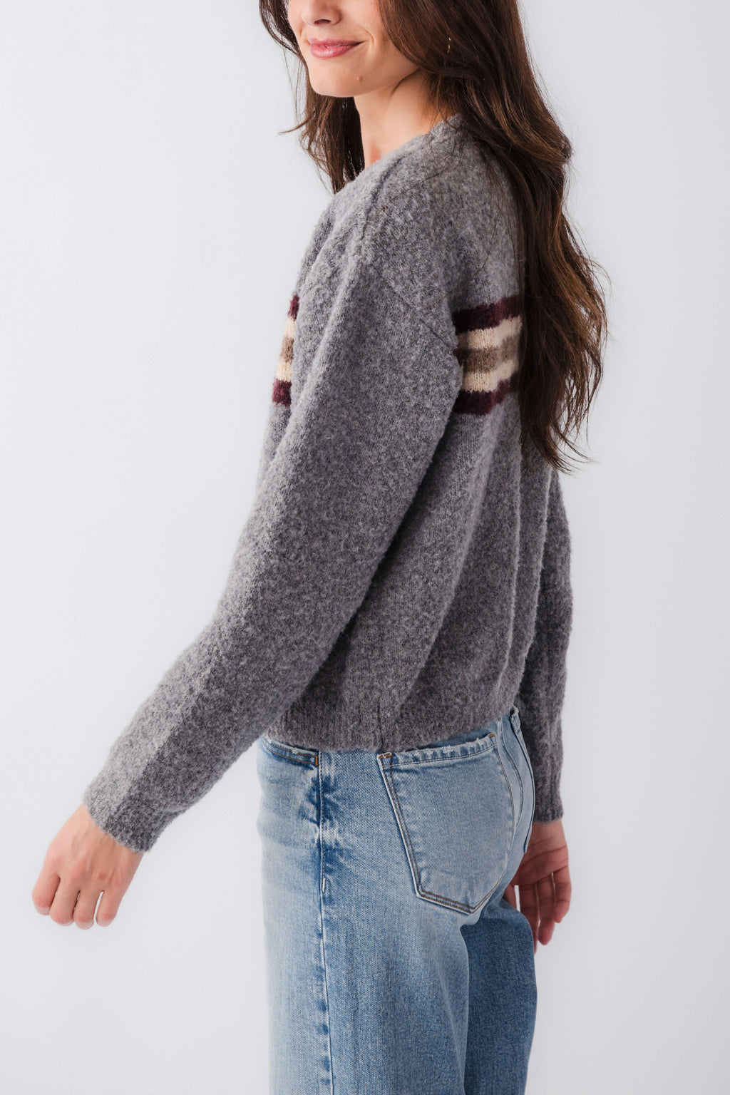 Heather gray boucle knit sweater with crew neck, multi stripe band, long sleeves