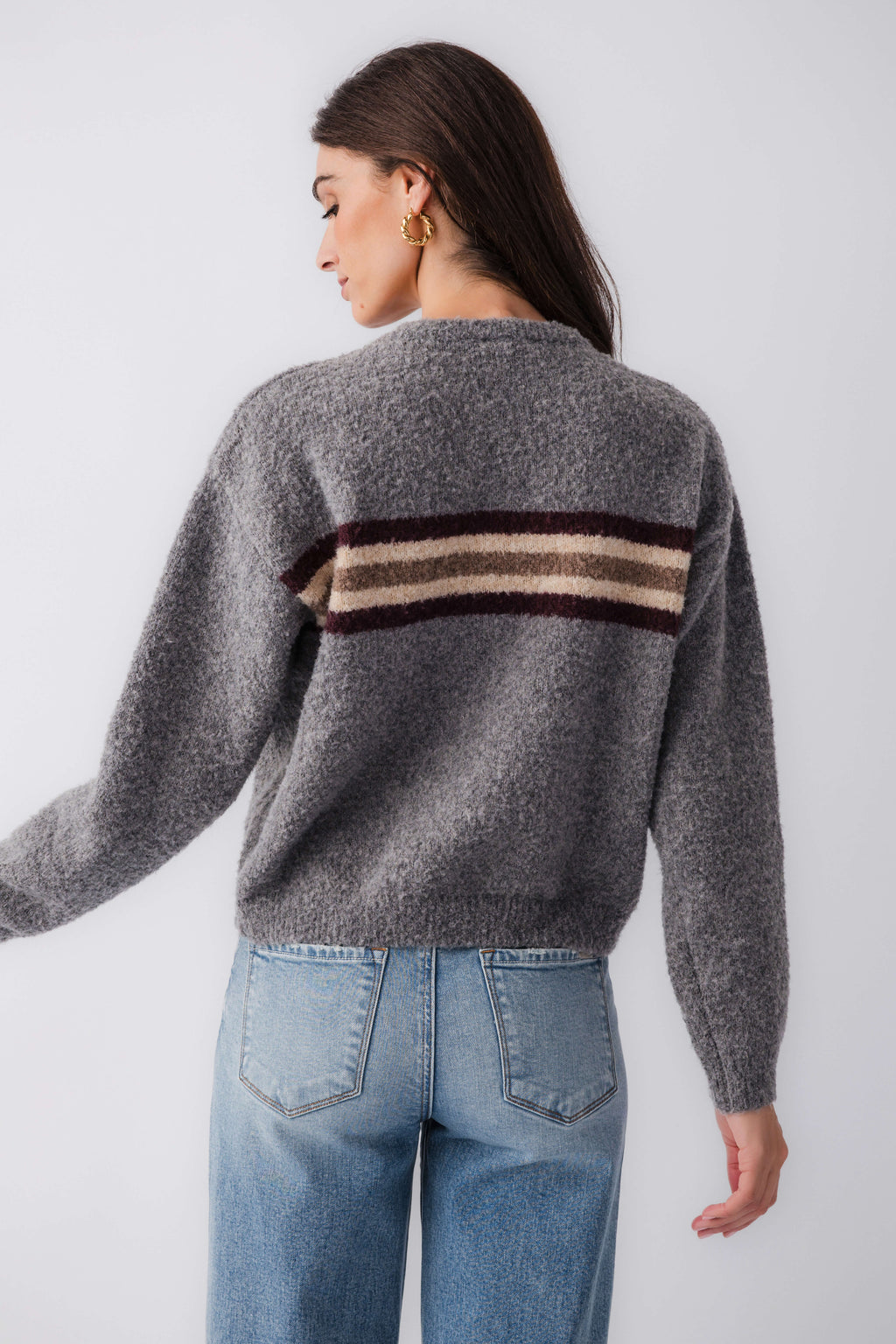 Heather gray boucle knit sweater with multi stripe band on back, long sleeves