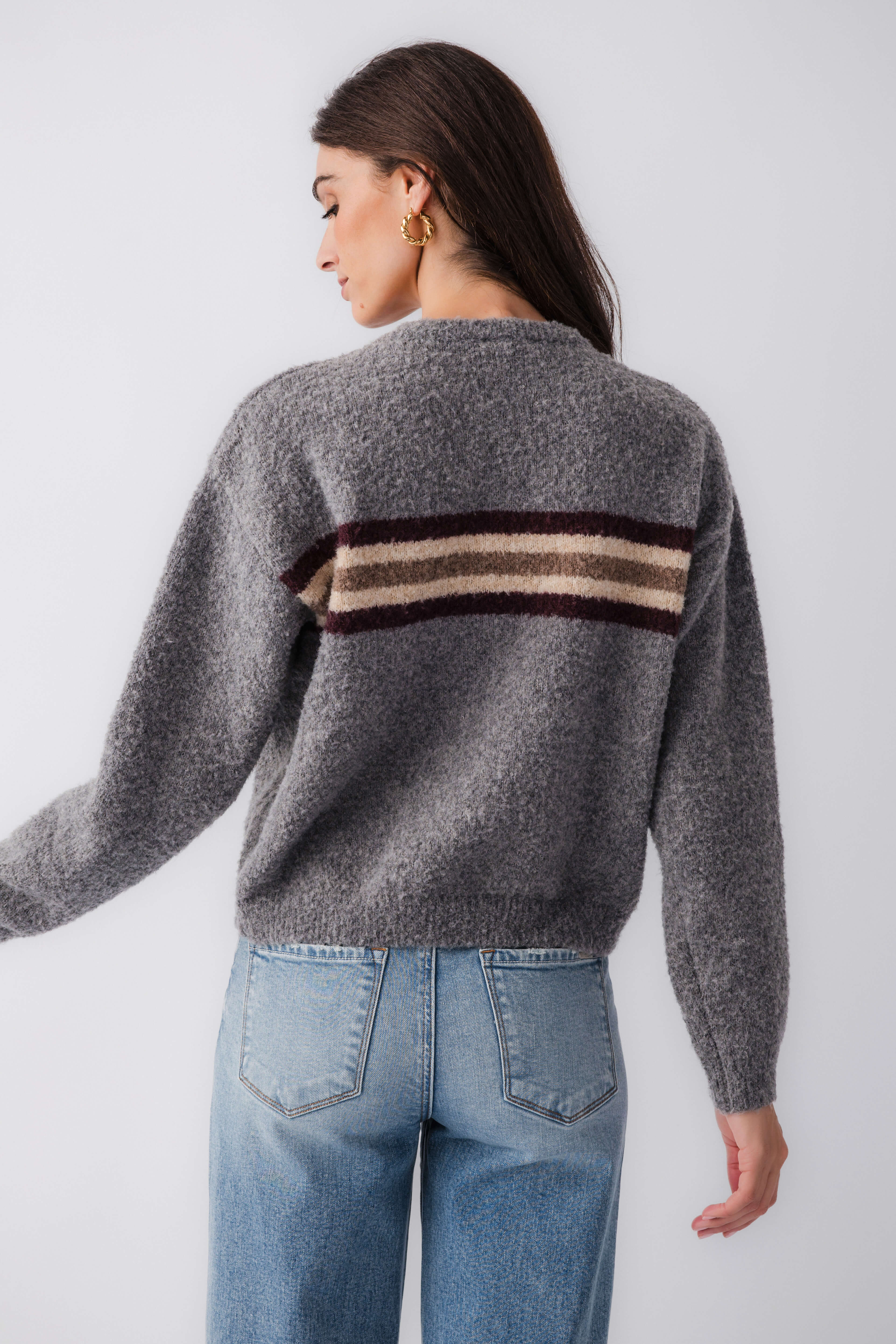 Heather gray boucle knit sweater with multi stripe band on back, long sleeves