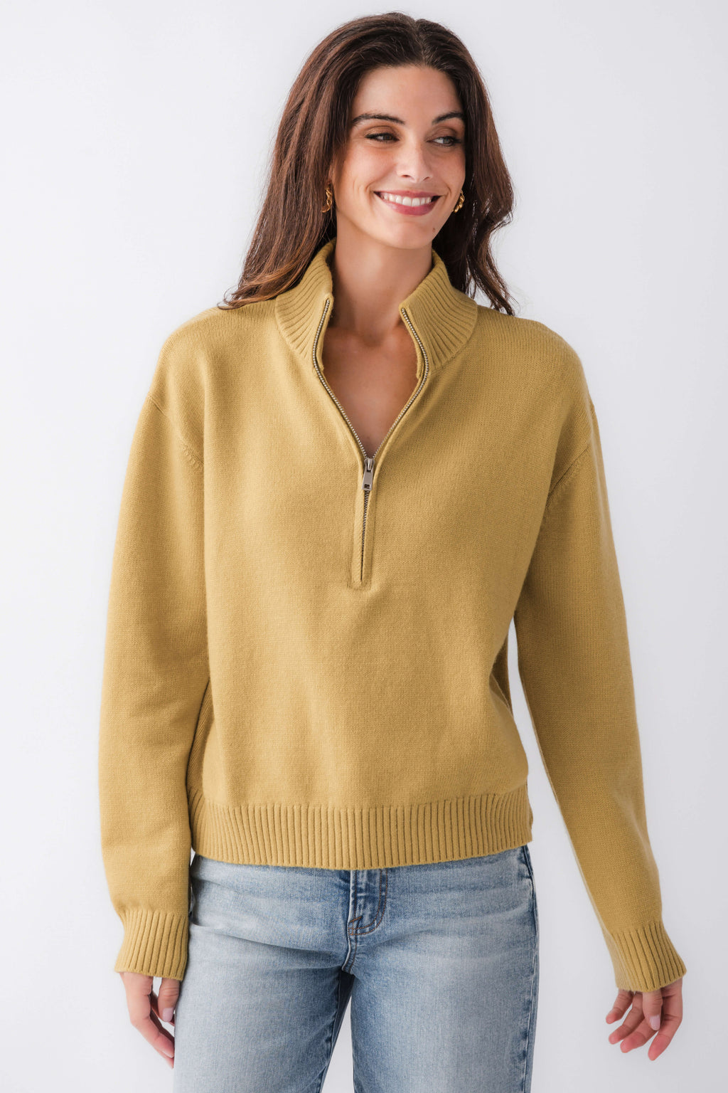 Women's gold half-zip turtleneck sweater with ribbed cuffs and hem