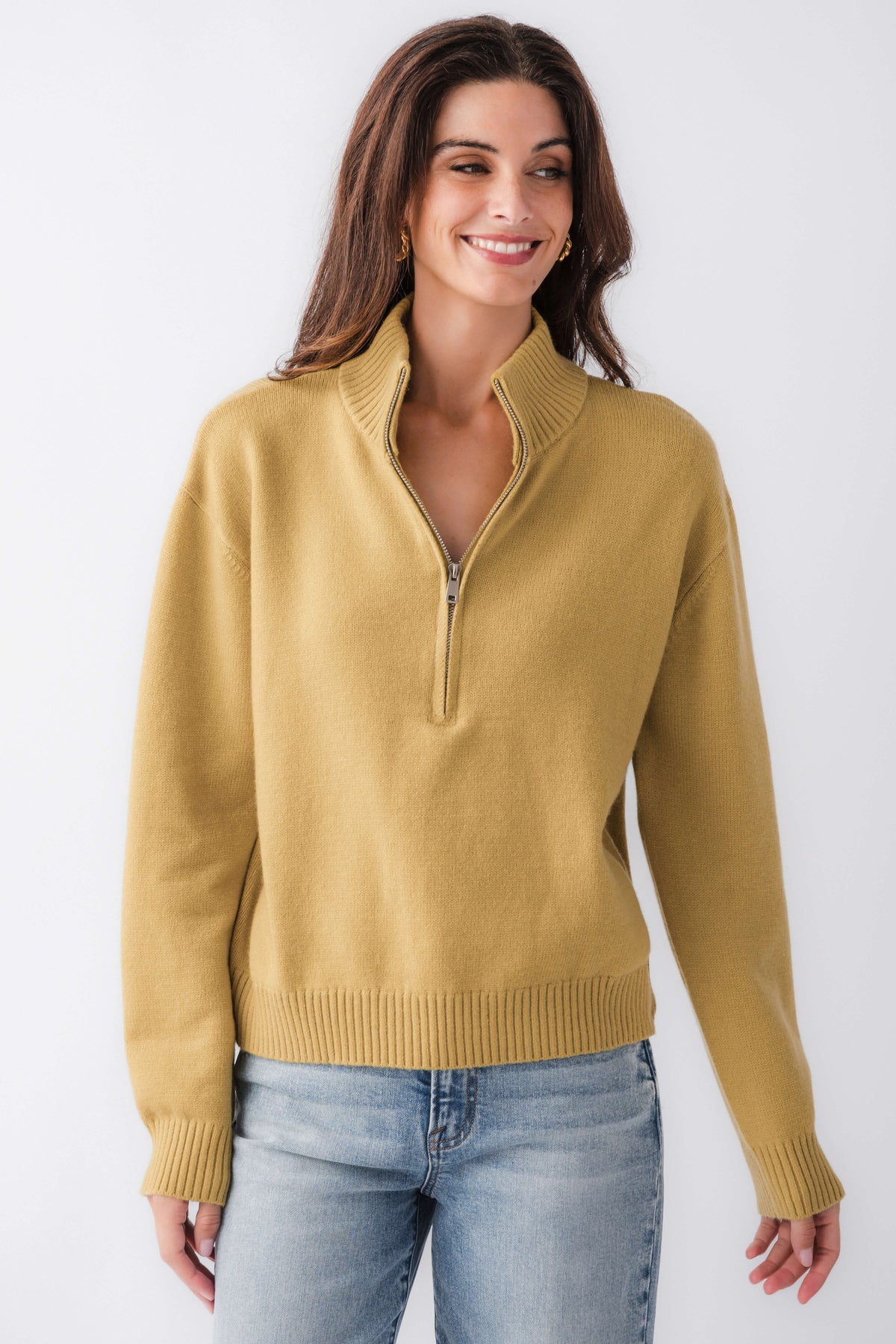 Women's gold half-zip turtleneck sweater with ribbed cuffs and hem