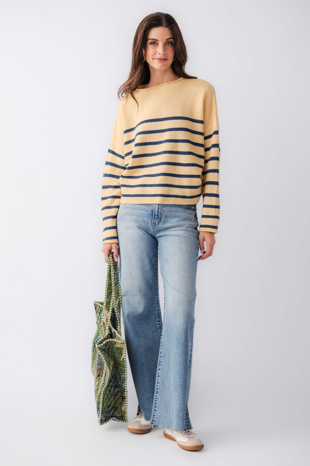 Butter yellow striped mockneck sweater with navy horizontal bands, relaxed fit