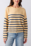 Butter yellow striped mockneck sweater with navy horizontal bands, long sleeves