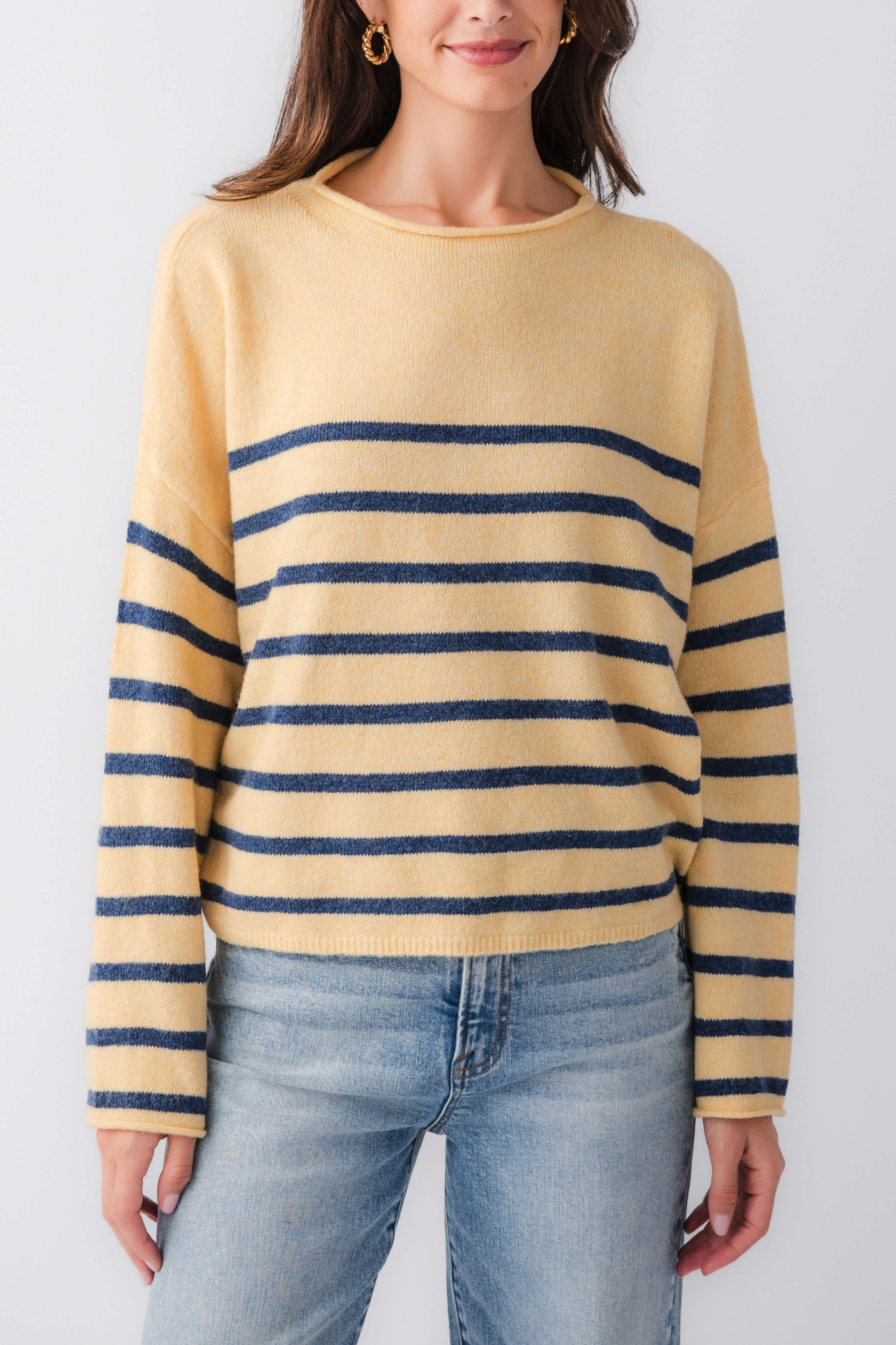 Butter yellow striped mockneck sweater with navy horizontal bands, long sleeves