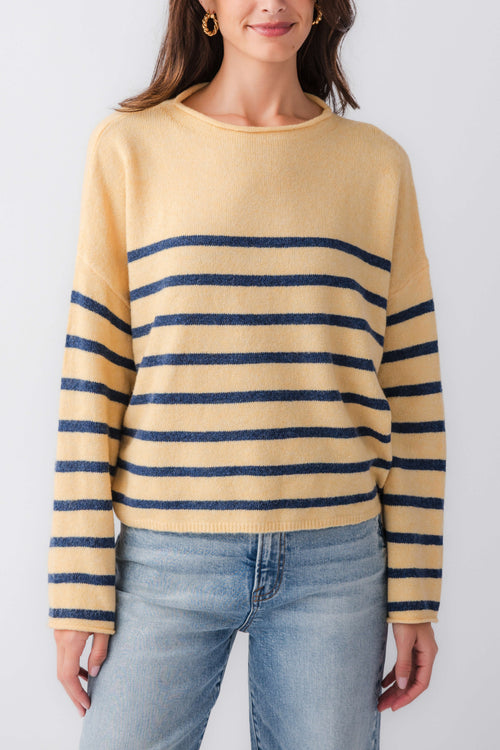 Butter yellow striped mockneck sweater with navy horizontal bands, long sleeves