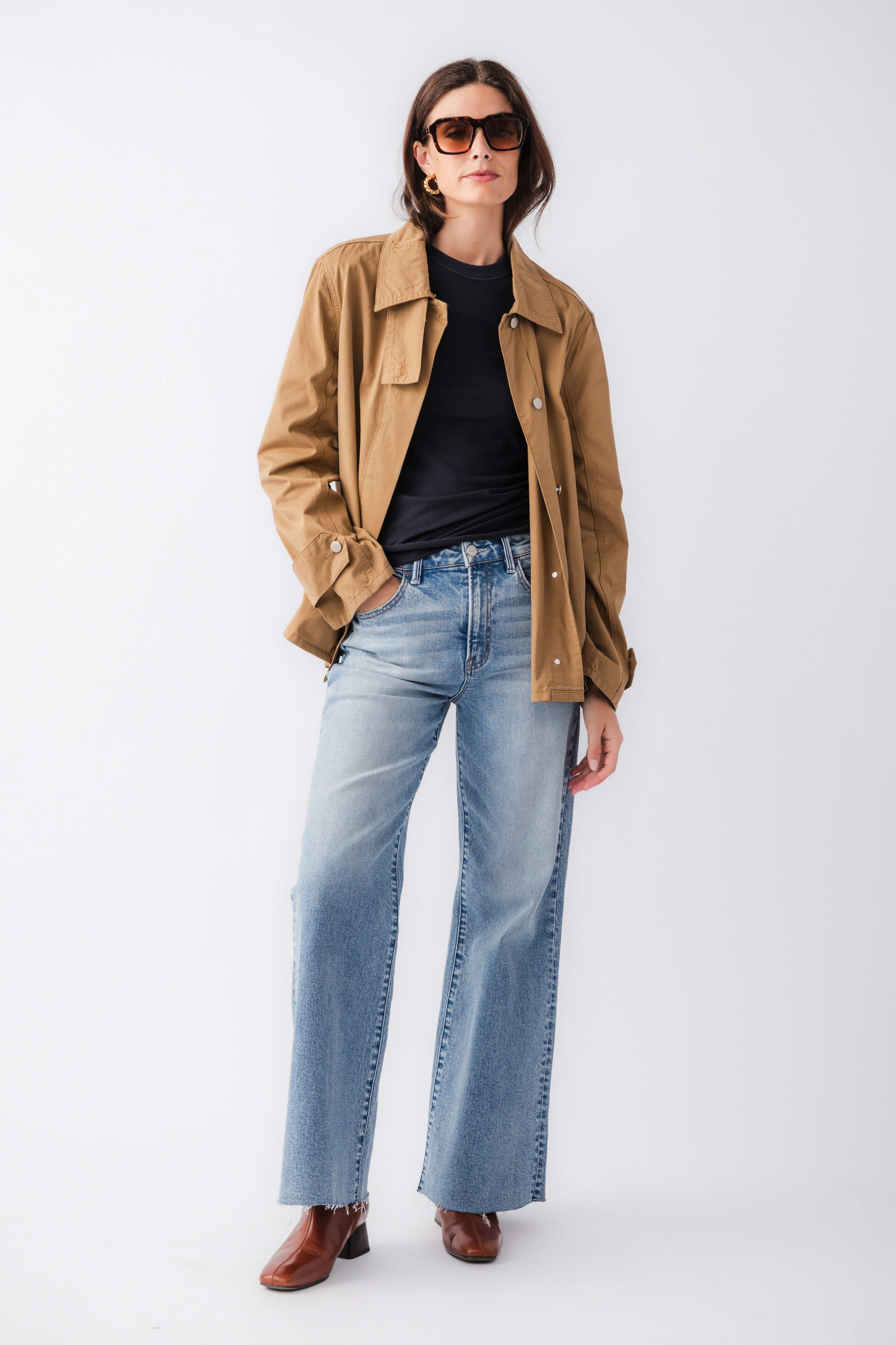 Khaki brown relaxed utility jacket, open front with chest pockets and long sleeves