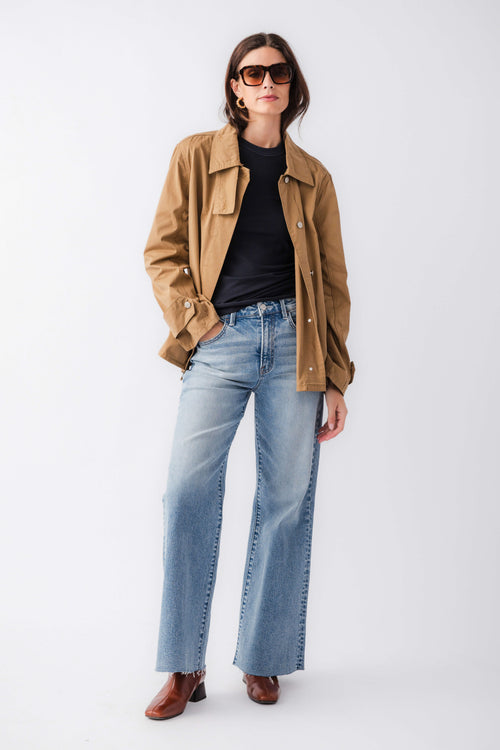 Khaki brown relaxed utility jacket, open front with chest pockets and long sleeves