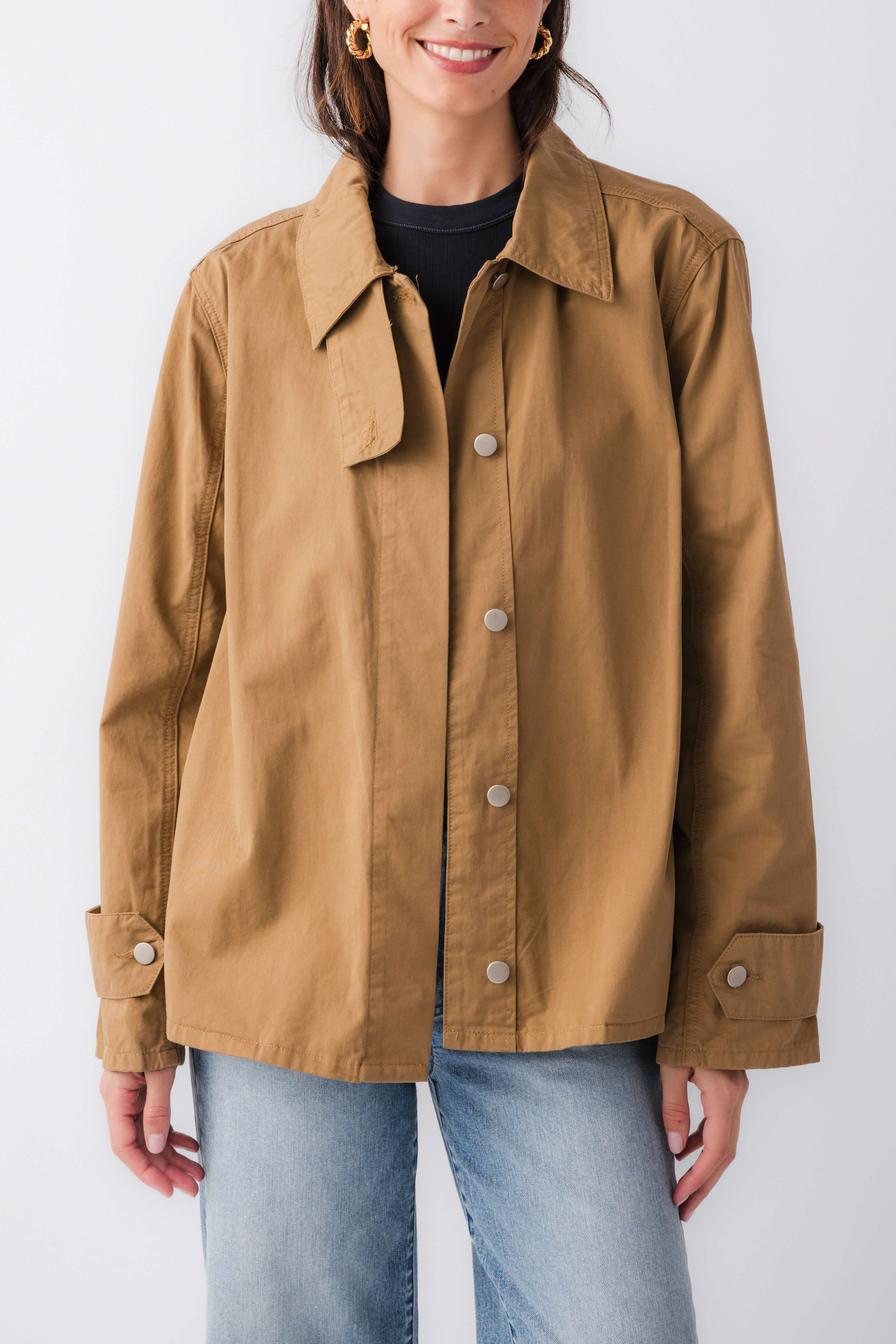 Khaki brown relaxed utility jacket with button-front, spread collar, chest flap pockets