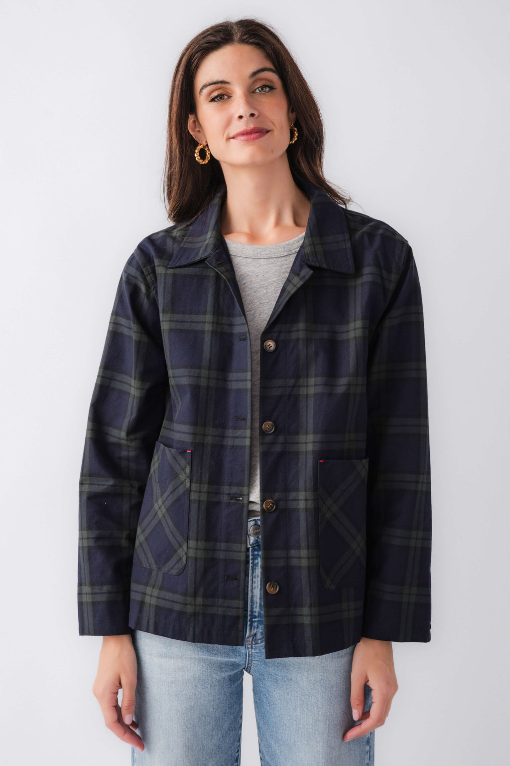 Navy and green plaid jacket with button front and pointed collar