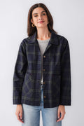 Navy and green plaid jacket with button front and pointed collar