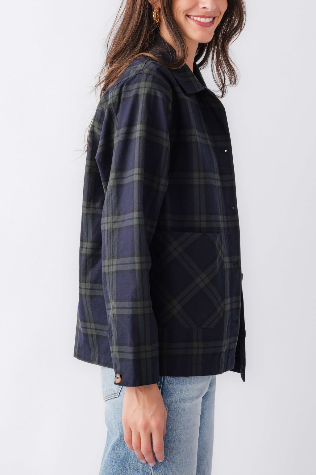 Navy and green plaid jacket with button front and chest pocket