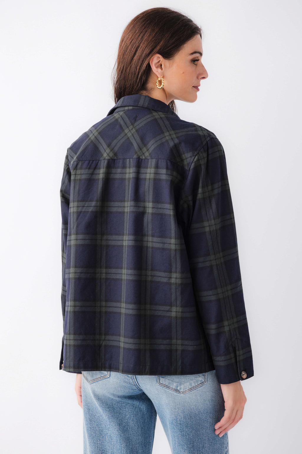 Navy and green plaid jacket back view with pointed collar and buttons