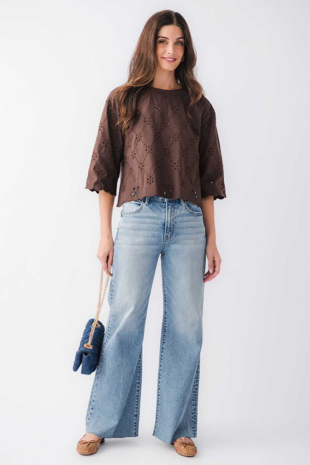 Brown eyelet scallop top with allover cutout embroidery and scalloped hem, front view