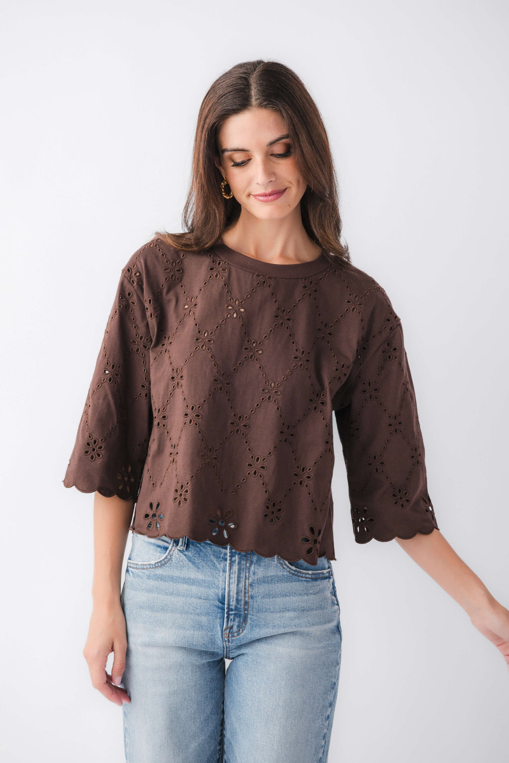 Brown eyelet scallop top with allover cutout embroidery and scalloped hem, elbow sleeves