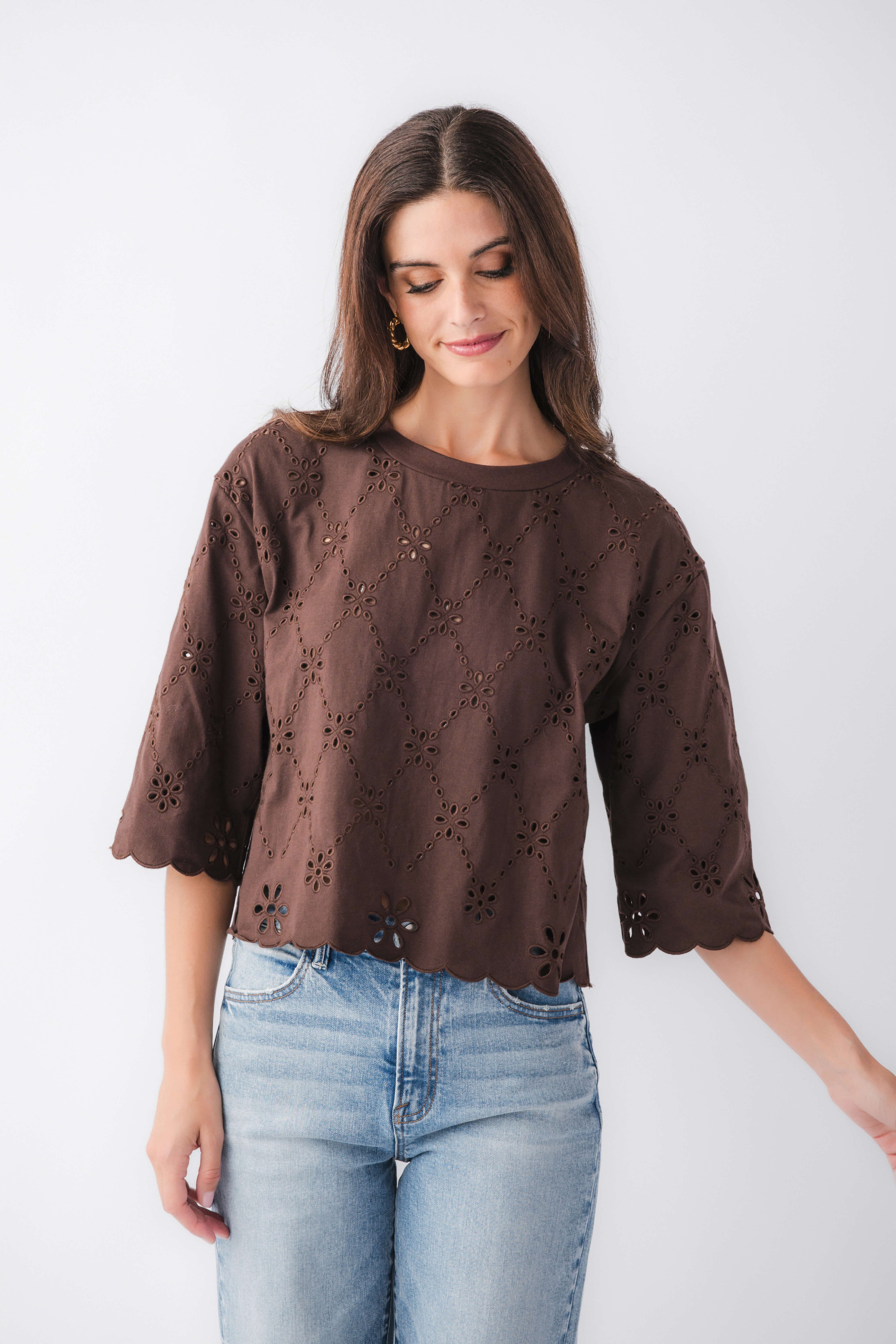 Brown eyelet scallop top with allover cutout embroidery and scalloped hem, elbow sleeves