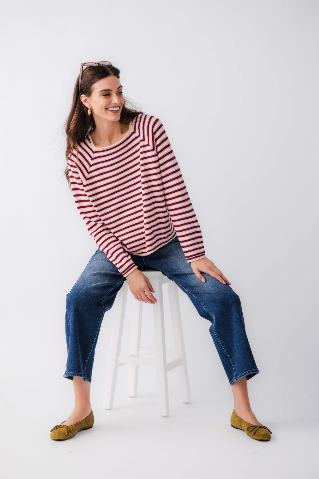 Burgundy and pink striped mockneck sweater with long sleeves
