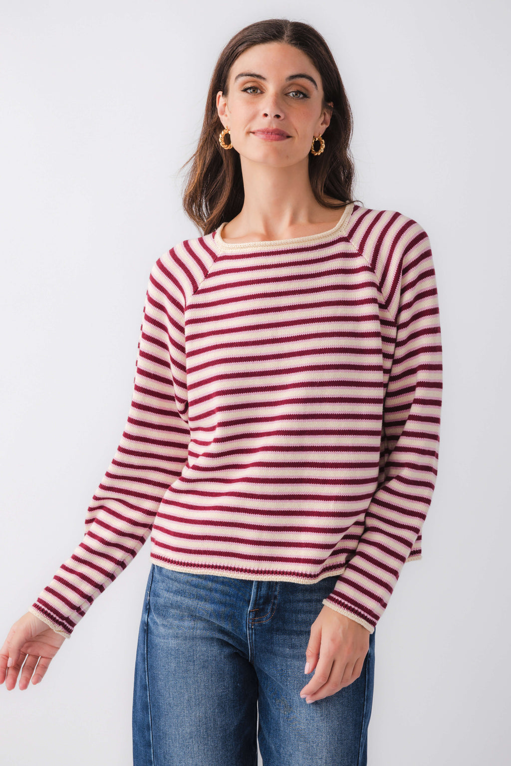 Burgundy and pink striped mockneck sweater, crew neckline, long sleeves