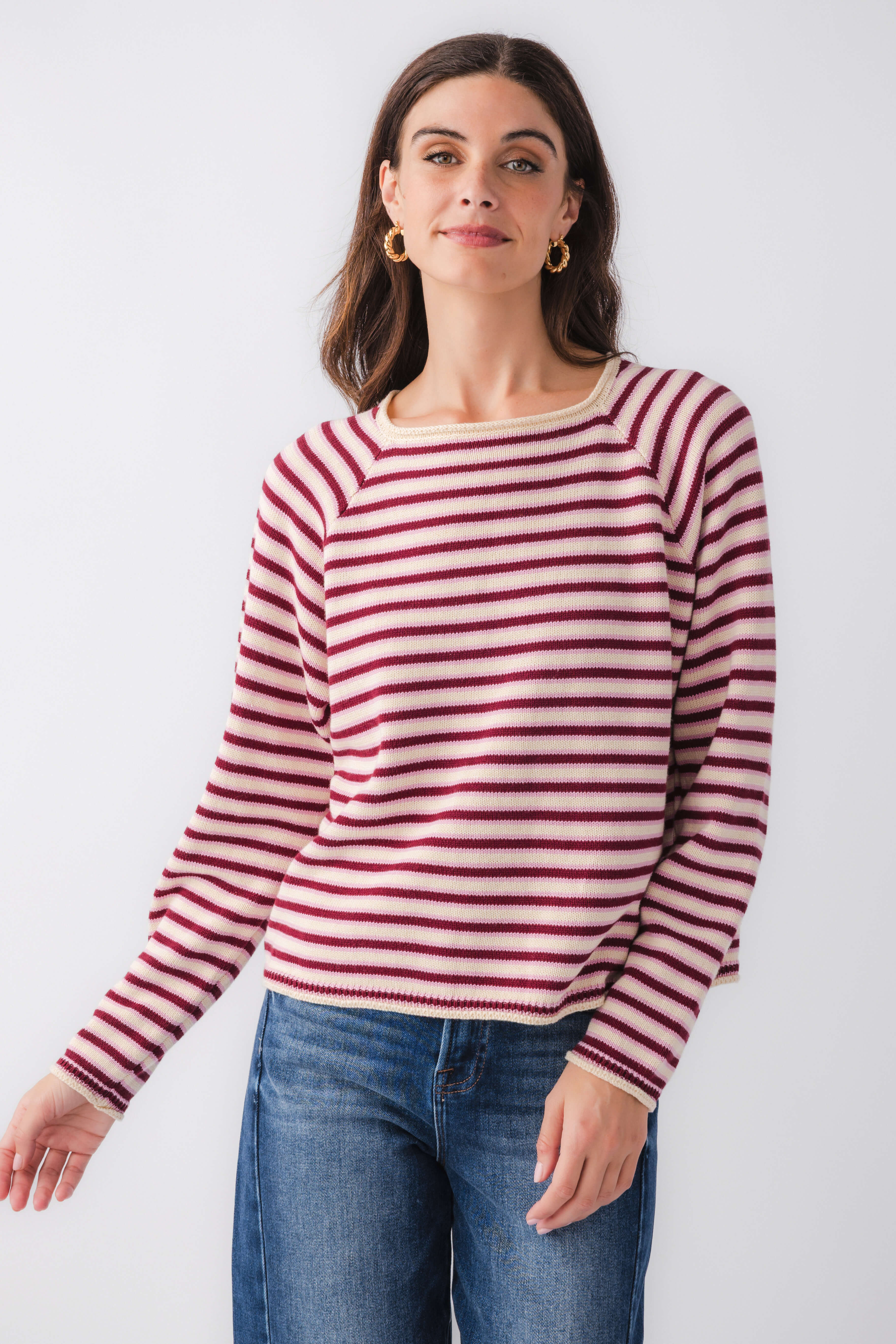 Burgundy and pink striped mockneck sweater, crew neckline, long sleeves
