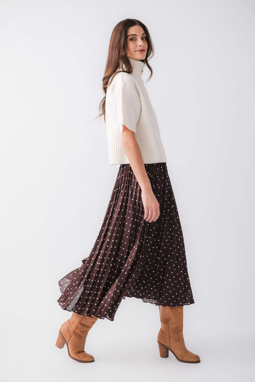 Brown polka-dot pleated maxi skirt with elastic waistband