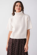 Off-white short-sleeve turtleneck knit sweater with ribbed collar and cuffs