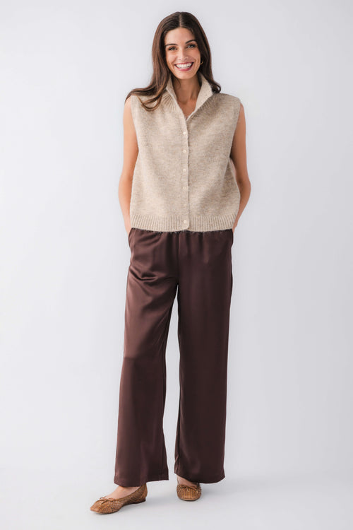 Taupe sleeveless knit sweater vest with button front and ribbed hem